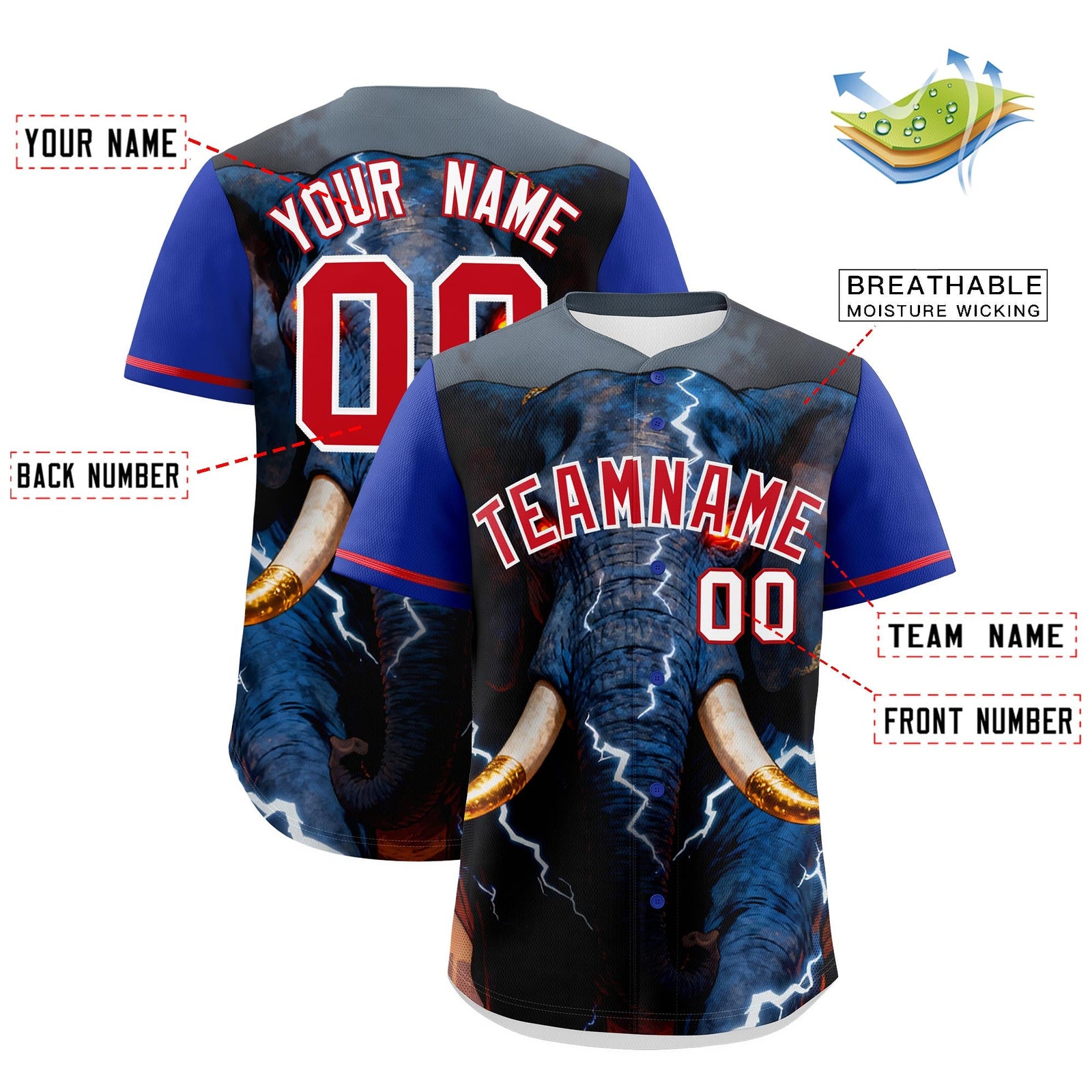 Custom Royal Blue Red White Elephant Animal Series Personalization Graffiti Pattern Baseball Jersey| KXKSHOP