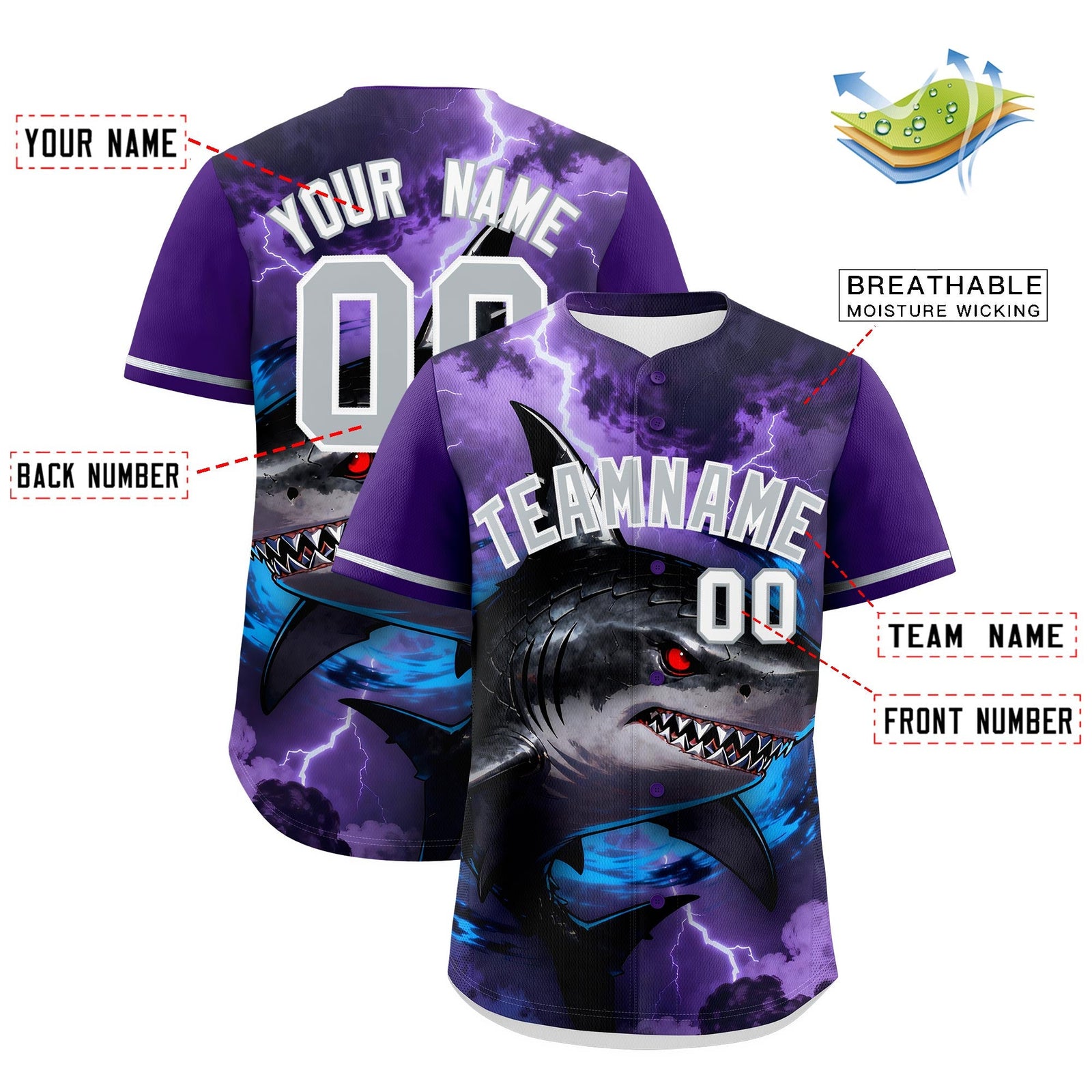 Custom Purple Gray White Shark Animal Series Personalization Graffiti Pattern Baseball Jersey| KXKSHOP