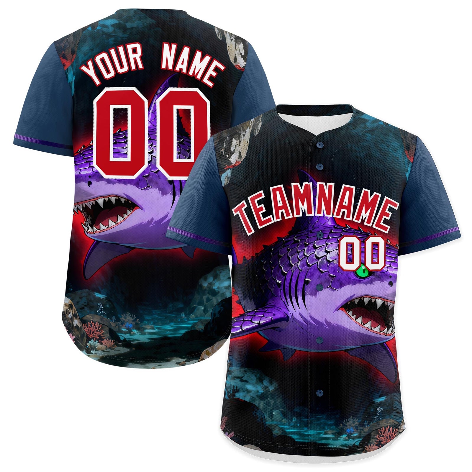 Custom Midnight Blue Red White Shark Animal Series Personalization Graffiti Pattern Baseball Jersey| KXKSHOP