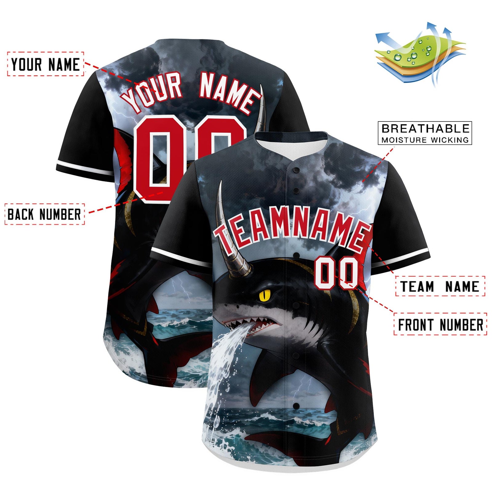 Custom Black White Red Shark Animal Series Personalization Graffiti Pattern Baseball Jersey| KXKSHOP