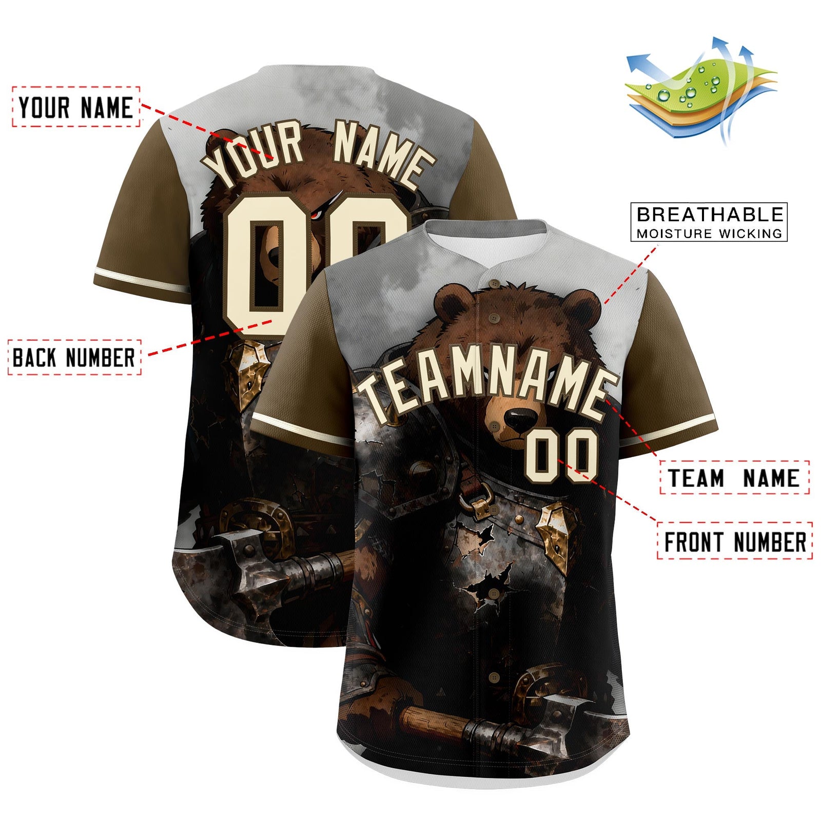 Custom Light Brown Cream Bear Animal Series Personalization Graffiti Pattern Baseball Jersey| KXKSHOP