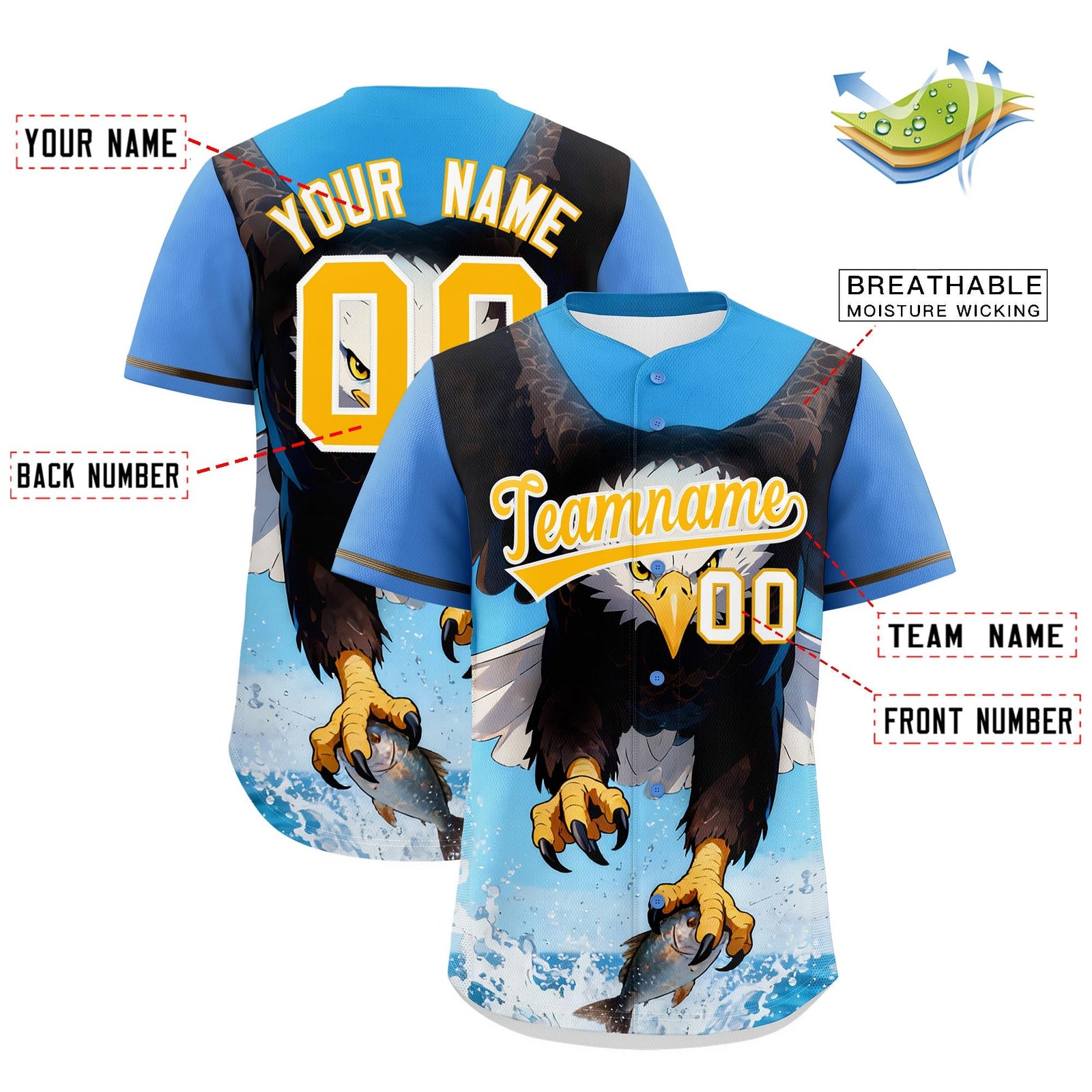 Custom Powder Blue Yellow White Eagle Animal Series Personalization Graffiti Pattern Baseball Jersey| KXKSHOP