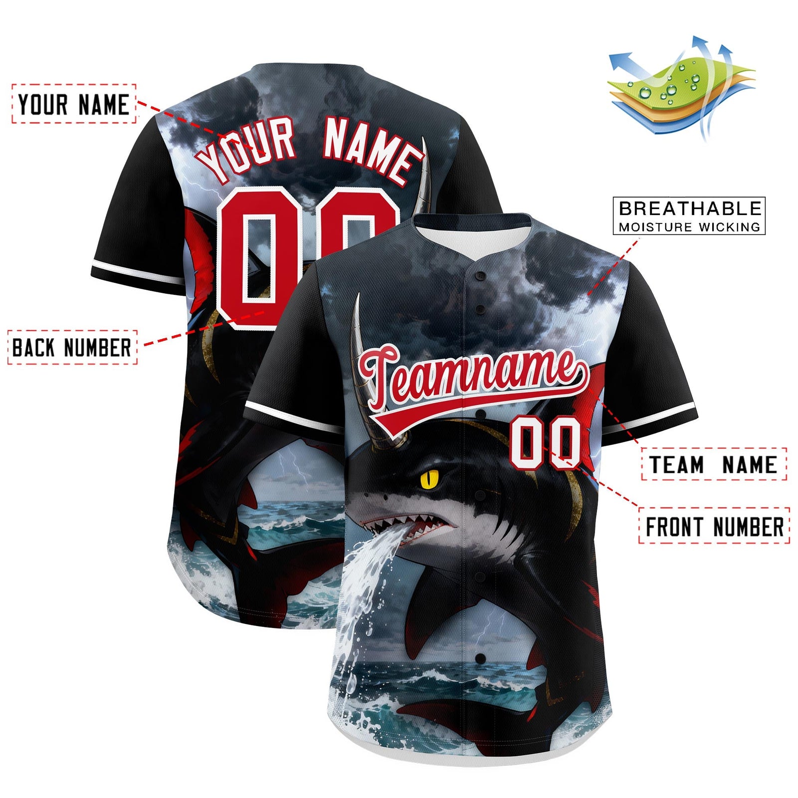 Custom Black White Red Shark Animal Series Personalization Graffiti Pattern Baseball Jersey| KXKSHOP