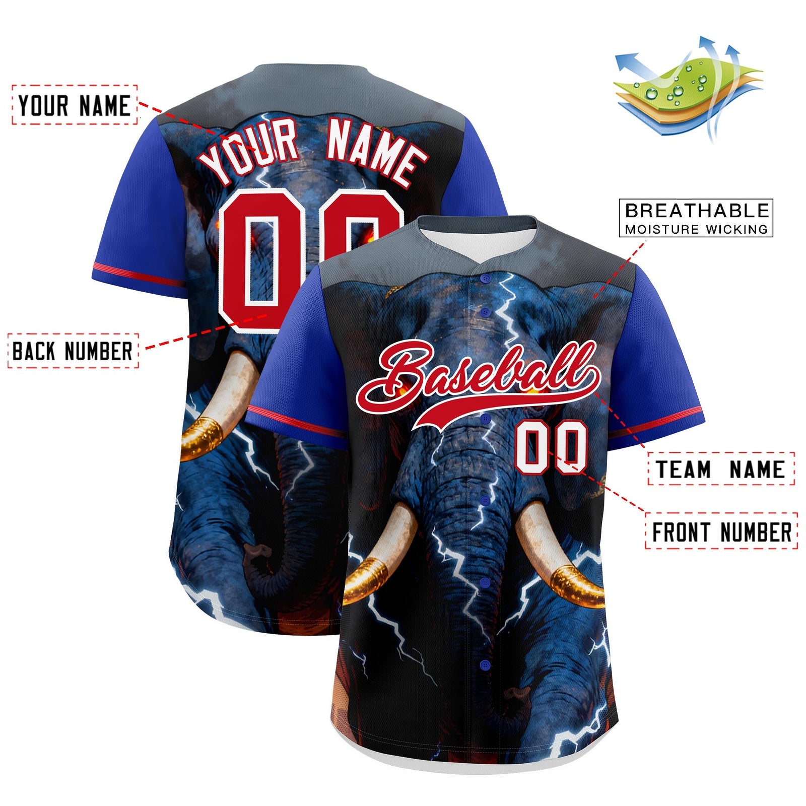 Custom Royal Blue Red White Elephant Animal Series Personalization Graffiti Pattern Baseball Jersey| KXKSHOP