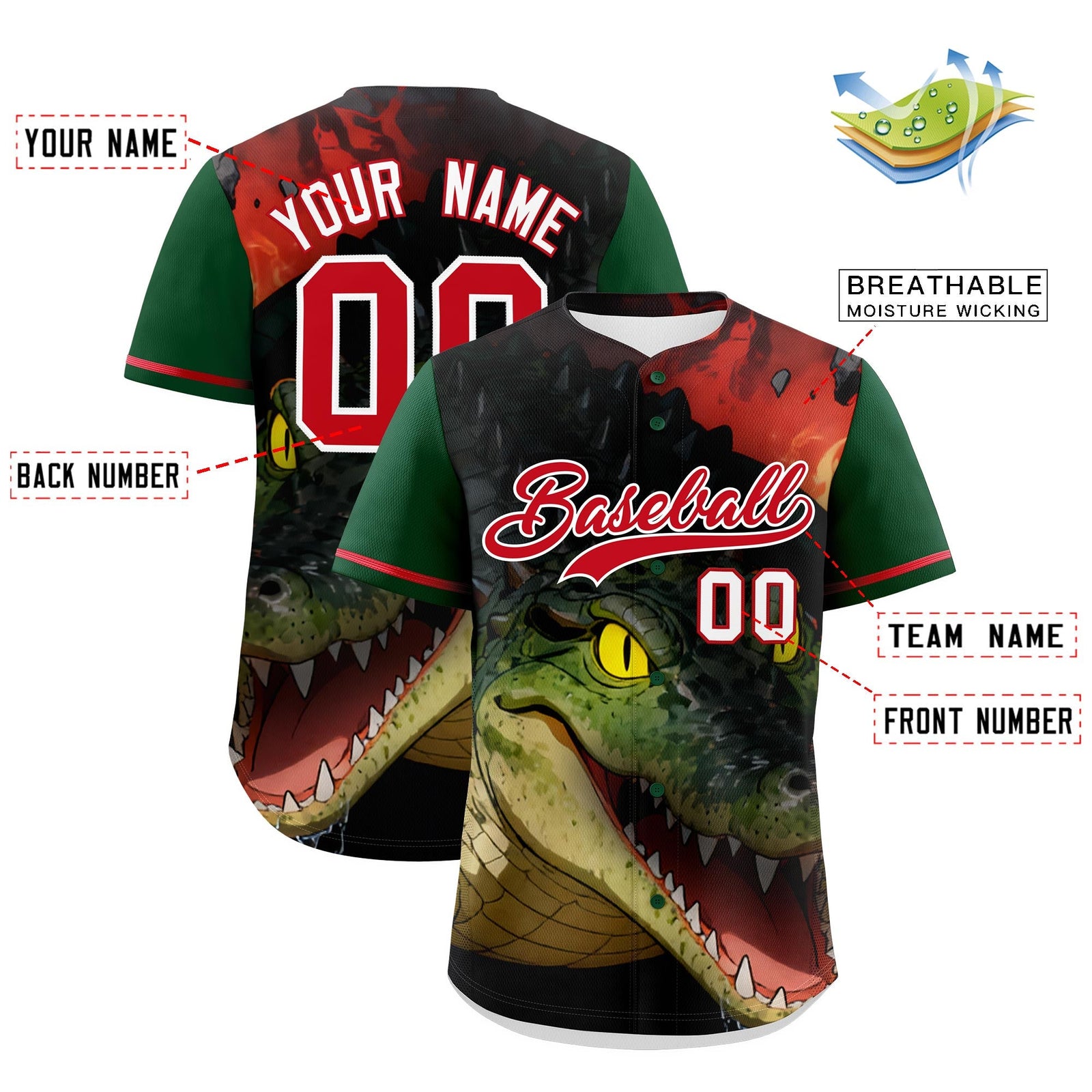 Custom Dark Green Red White Crocodile Animal Series Personalization Graffiti Pattern Baseball Jersey| KXKSHOP