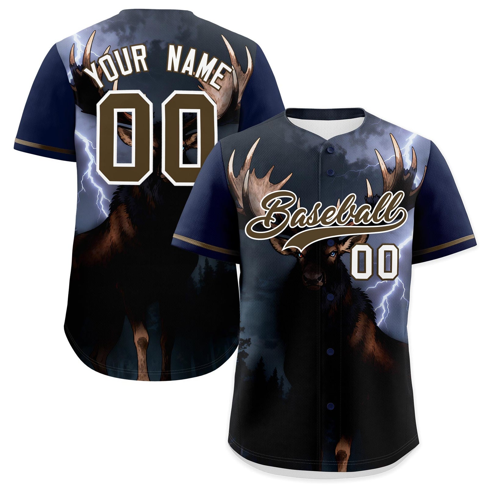 Custom Dark Blue Light Brown White Deer Animal Series Personalization Graffiti Pattern Baseball Jersey| KXKSHOP