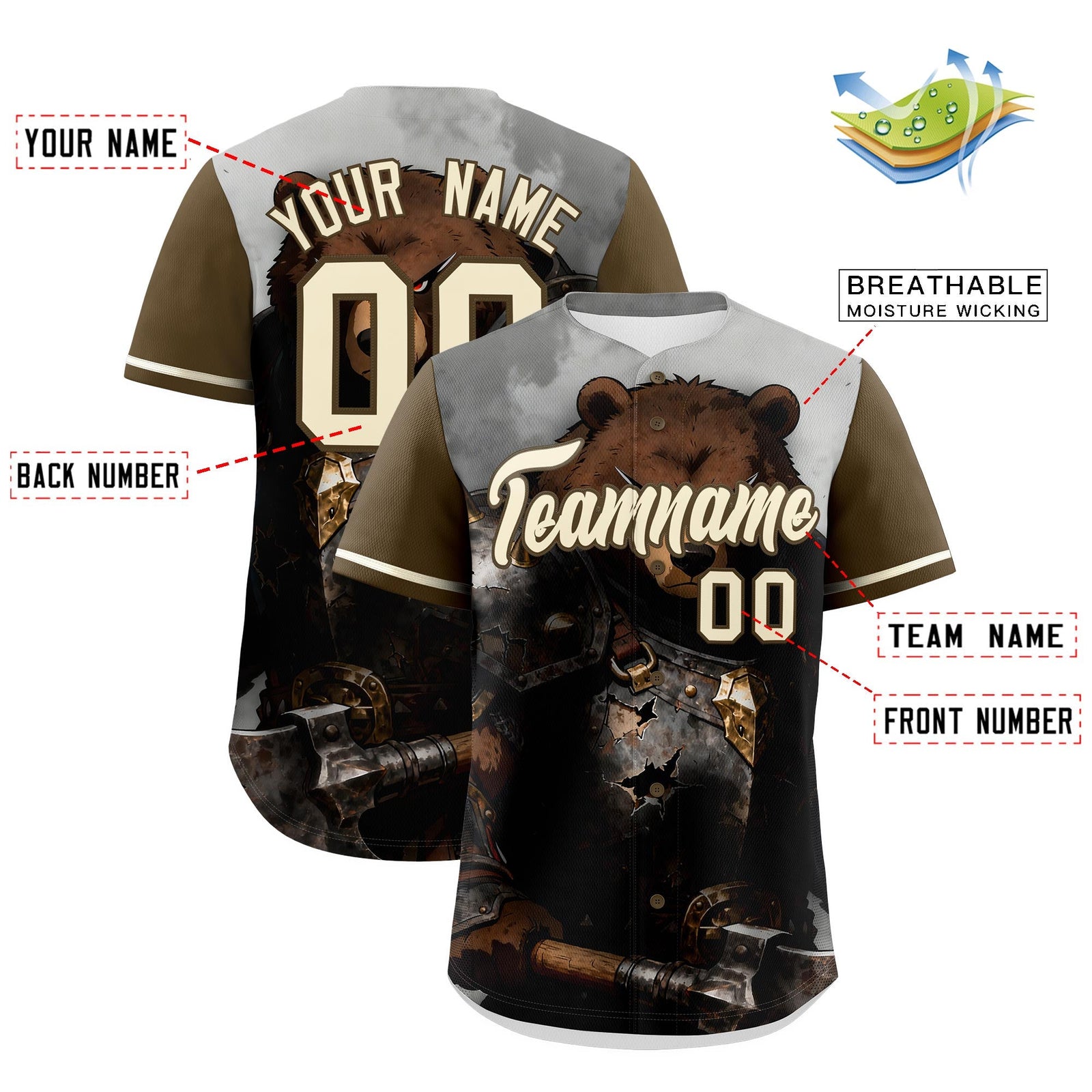 Custom Light Brown Cream Bear Animal Series Personalization Graffiti Pattern Baseball Jersey| KXKSHOP