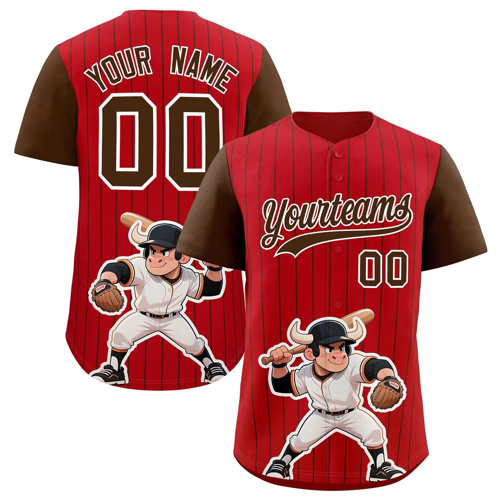 Custom Red Brown Stripe Animals Graffiti Pattern Raglan Sleeves Authentic Baseball Jersey