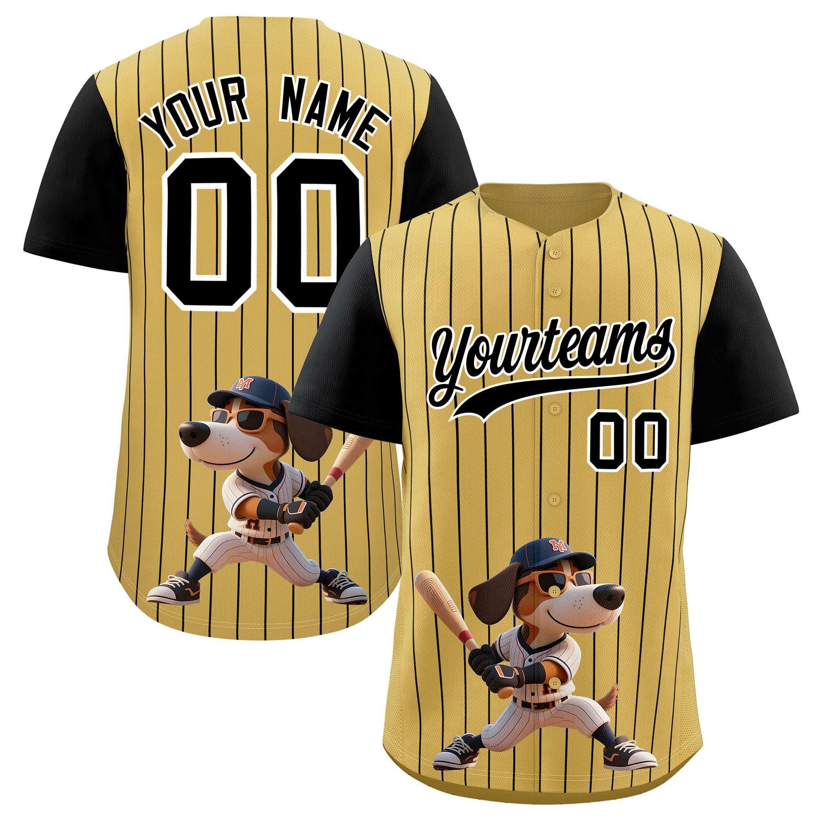Custom Old Gold Black Stripe Animals Graffiti Pattern Raglan Sleeves Authentic Baseball Jersey