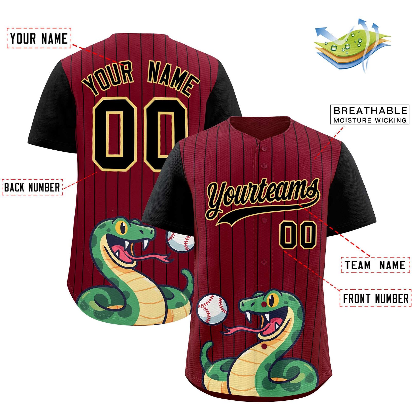 Custom Crimson Black Stripe Animals Graffiti Pattern Raglan Sleeves Authentic Baseball Jersey