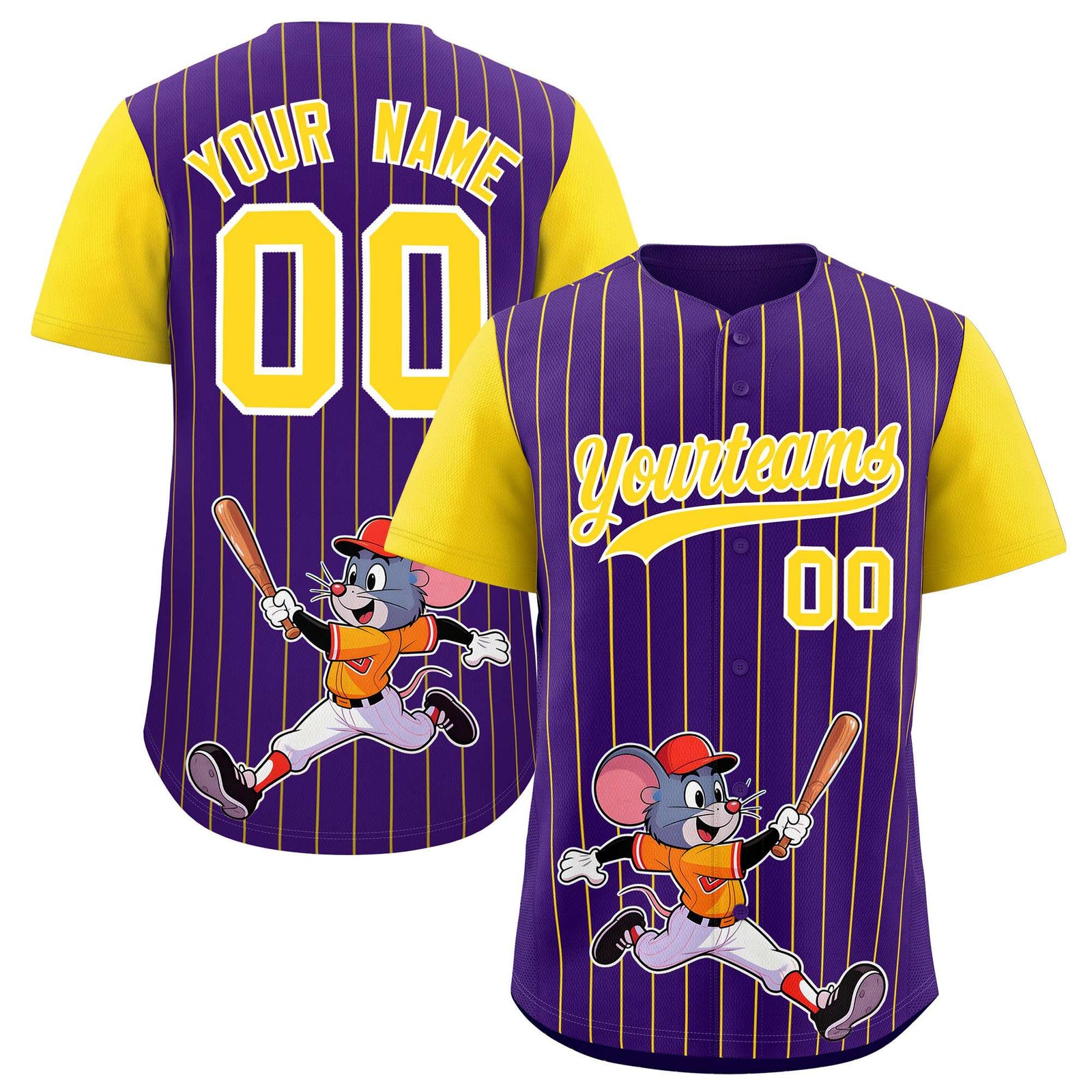 Custom Purple Gold Stripe Animals Graffiti Pattern Raglan Sleeves Authentic Baseball Jersey