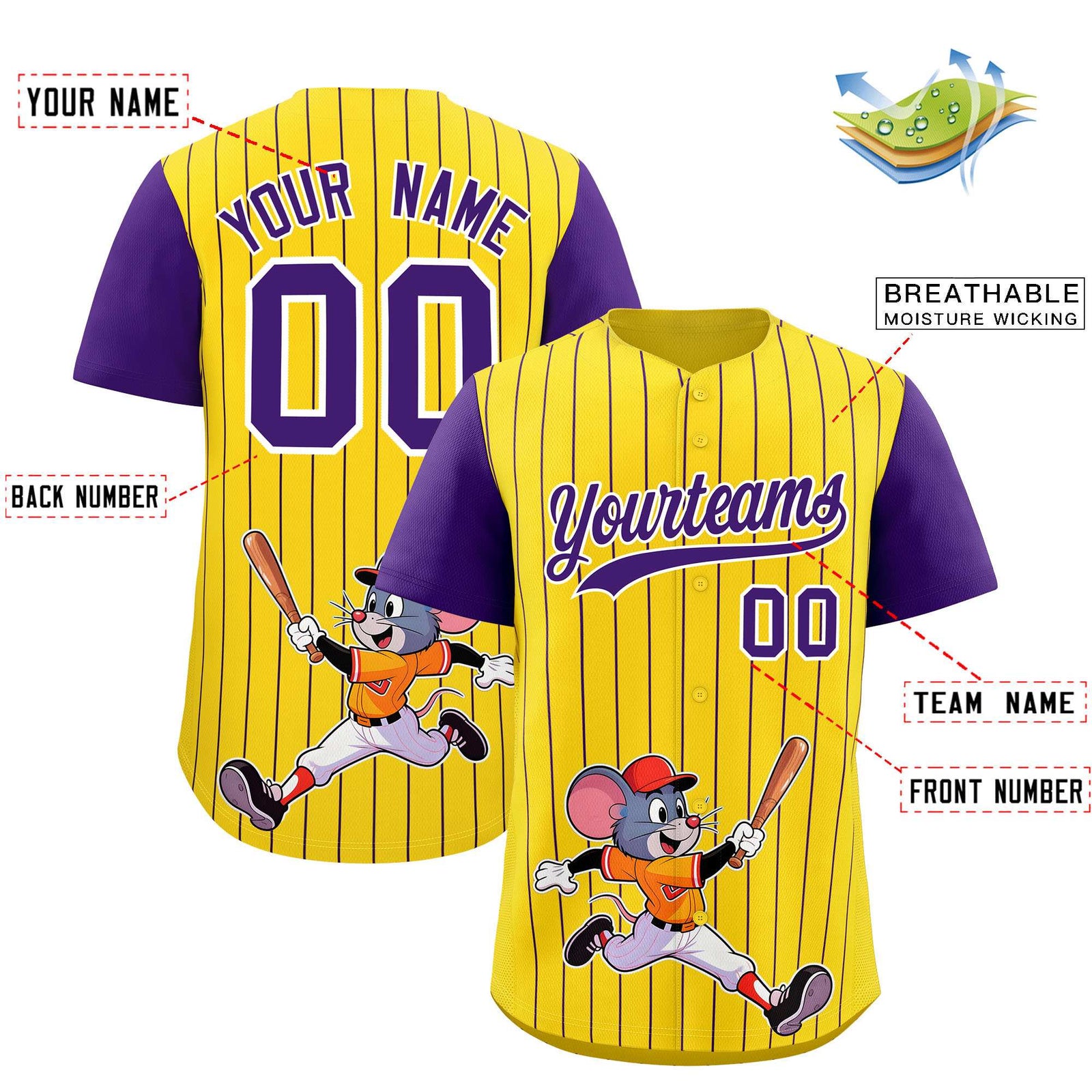 Custom Gold Purple Stripe Animals Graffiti Pattern Raglan Sleeves Authentic Baseball Jersey