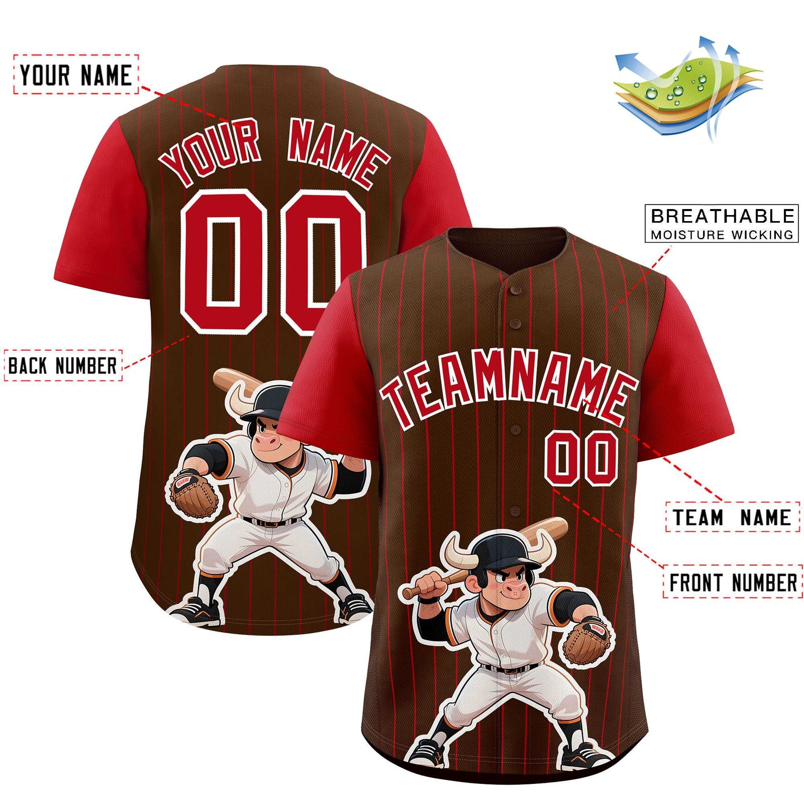 Custom Brown Red Stripe Animals Graffiti Pattern Raglan Sleeves Authentic Baseball Jersey