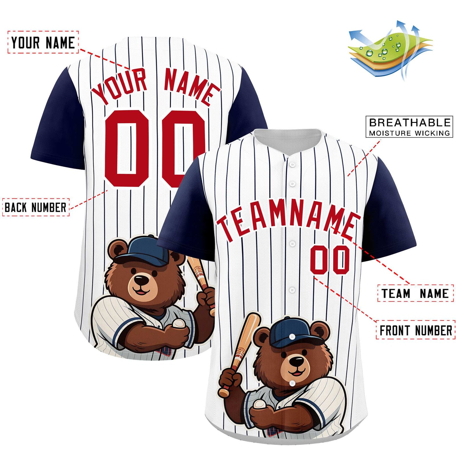 Custom White Navy Stripe Animals Graffiti Pattern Raglan Sleeves Authentic Baseball Jersey