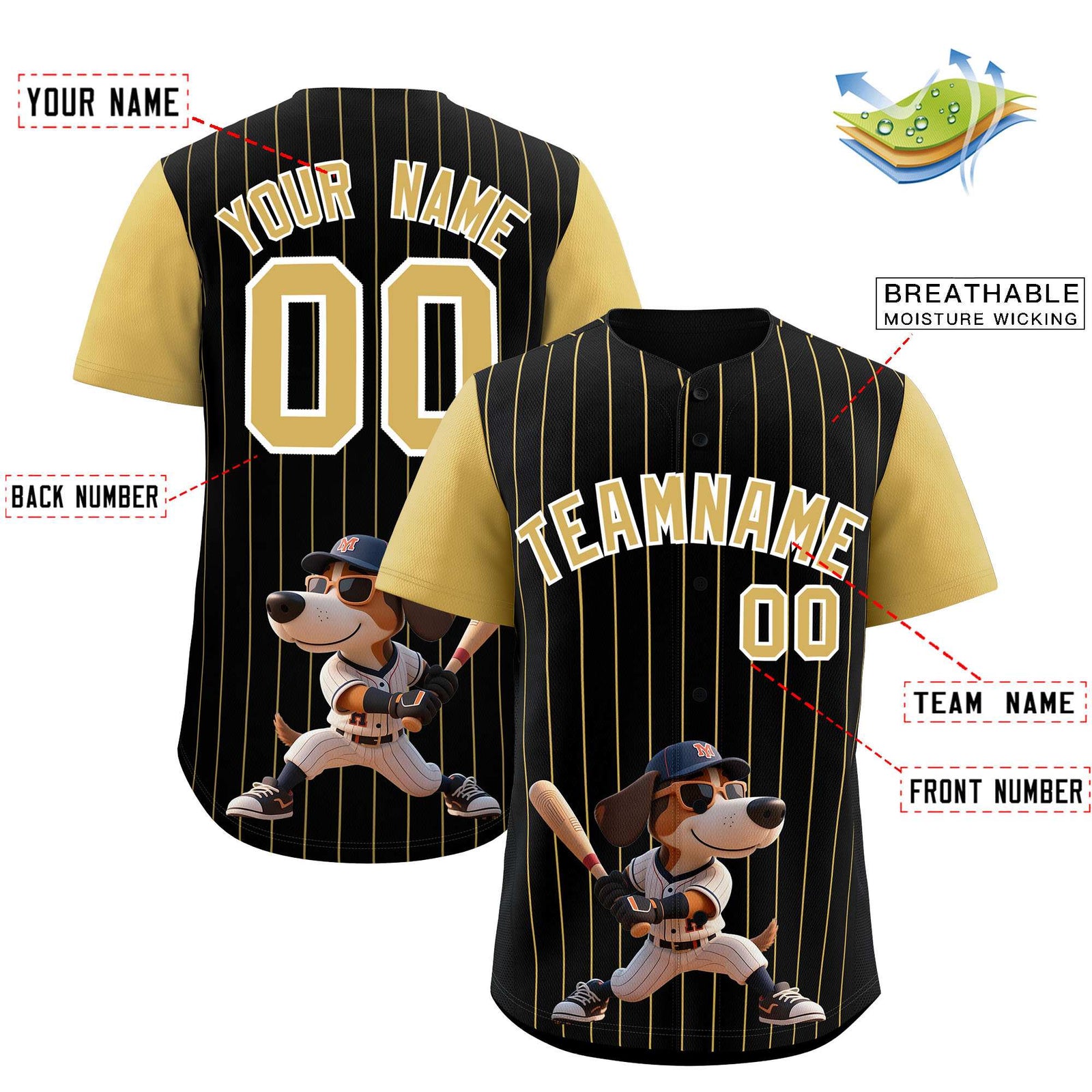 Custom Black Old Gold Stripe Animals Graffiti Pattern Raglan Sleeves Authentic Baseball Jersey