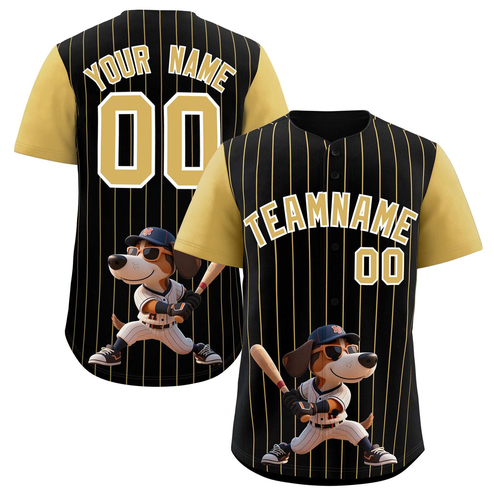 Custom Black Old Gold Stripe Animals Graffiti Pattern Raglan Sleeves Authentic Baseball Jersey