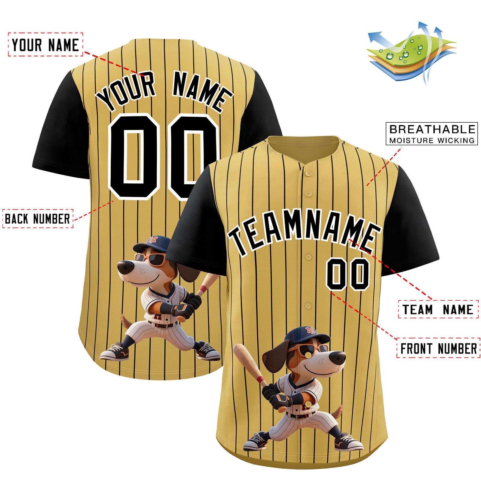 Custom Old Gold Black Stripe Animals Graffiti Pattern Raglan Sleeves Authentic Baseball Jersey