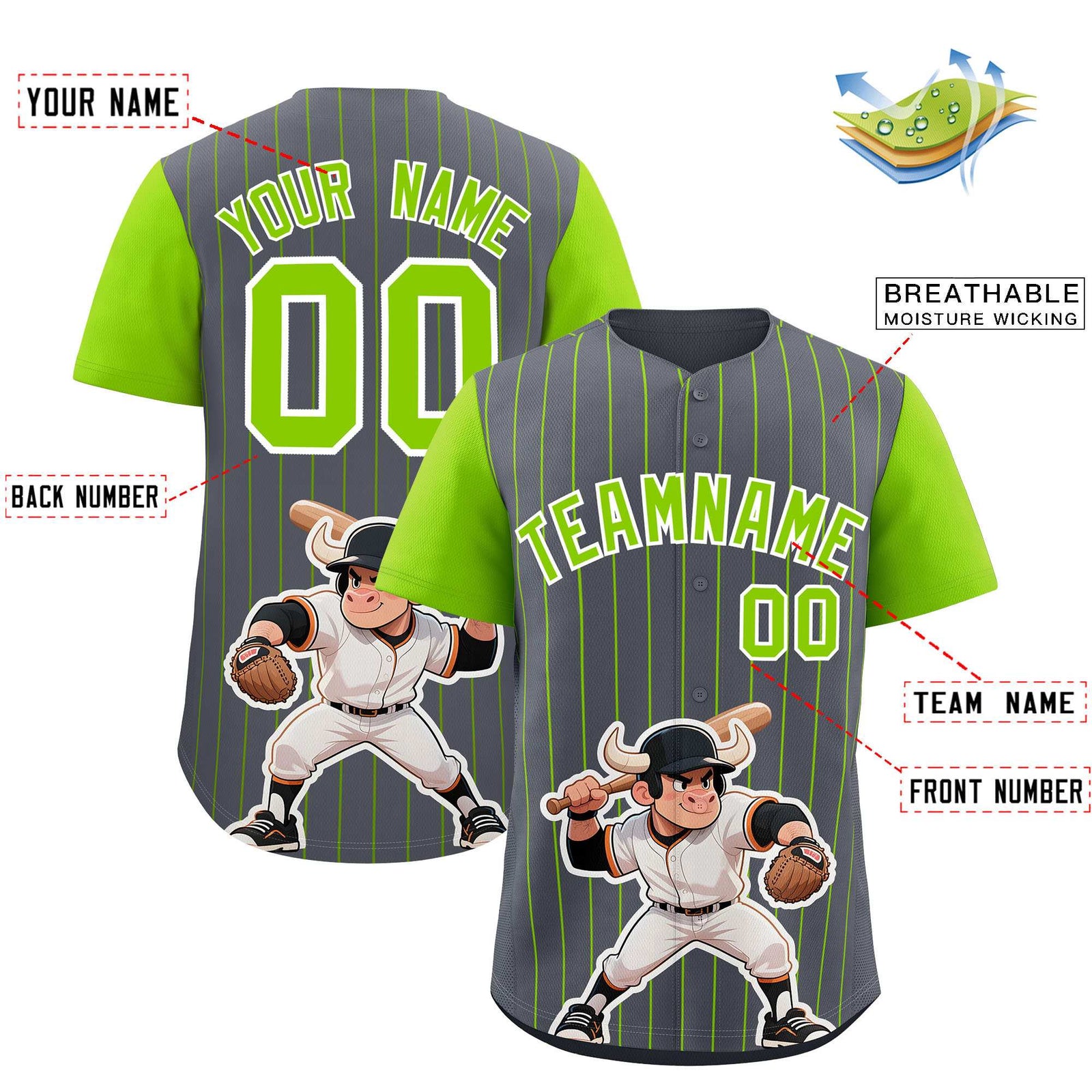 Custom Dark Gray Neon Green Stripe Animals Graffiti Pattern Raglan Sleeves Authentic Baseball Jersey