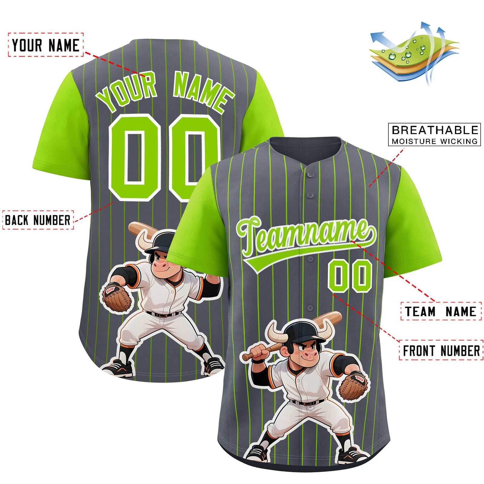 Custom Dark Gray Neon Green Stripe Animals Graffiti Pattern Raglan Sleeves Authentic Baseball Jersey
