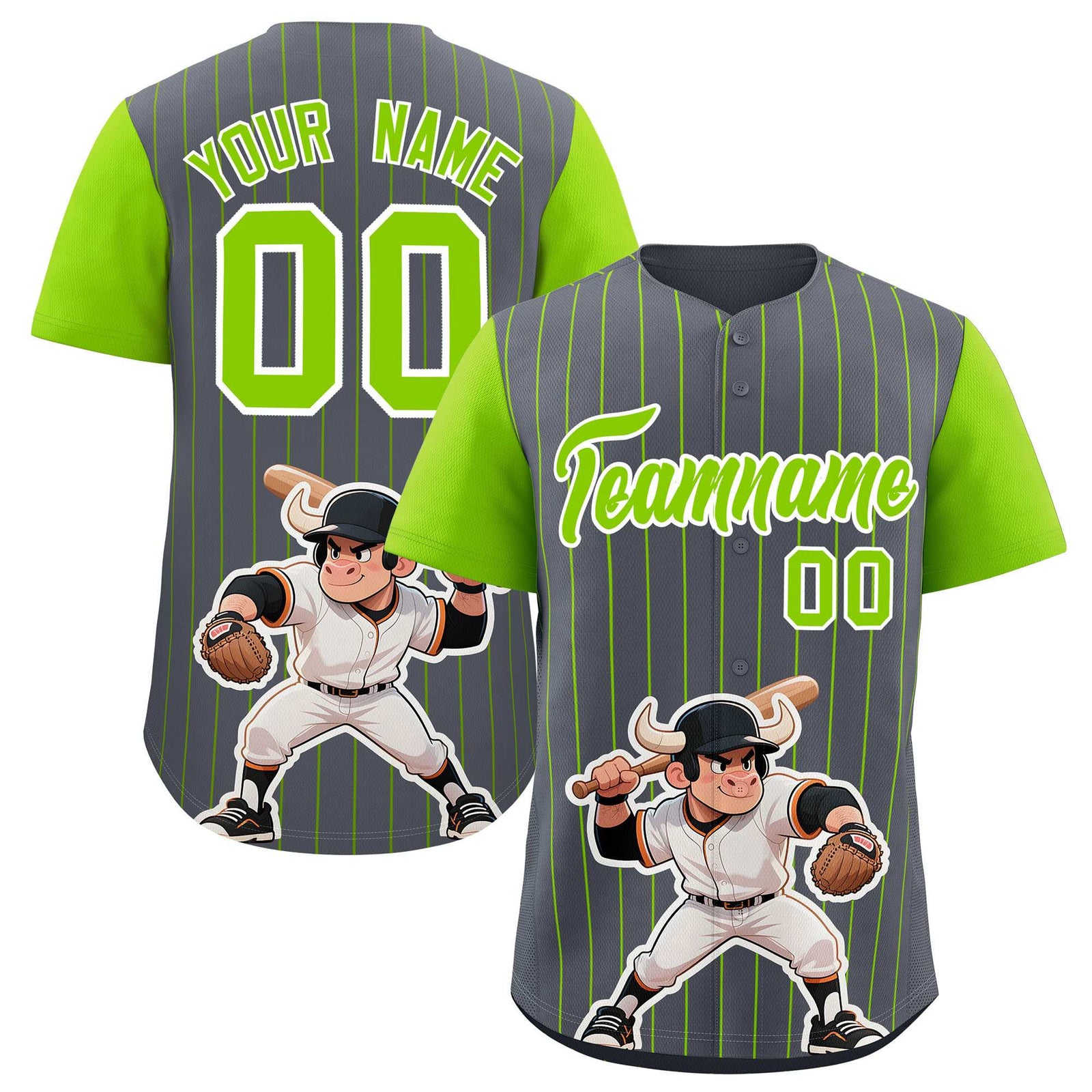 Custom Dark Gray Neon Green Stripe Animals Graffiti Pattern Raglan Sleeves Authentic Baseball Jersey