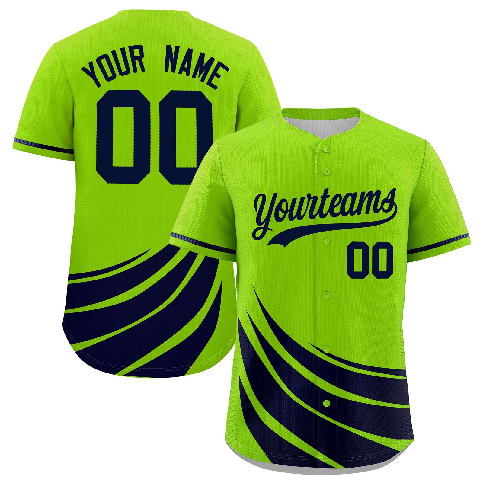 Custom Neon Green Navy Wind Mark Graffiti Pattern Authentic Baseball Jersey