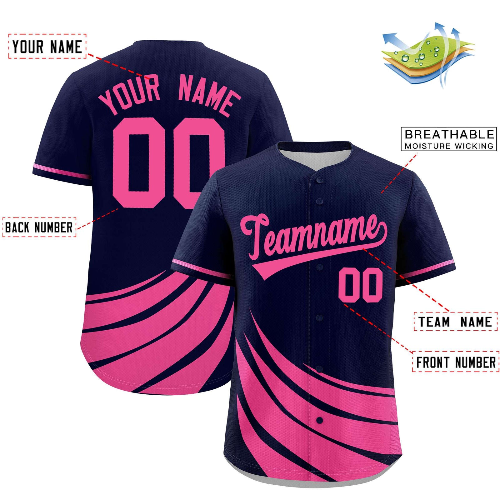 Custom Navy Pink Wind Mark Graffiti Pattern Authentic Baseball Jersey