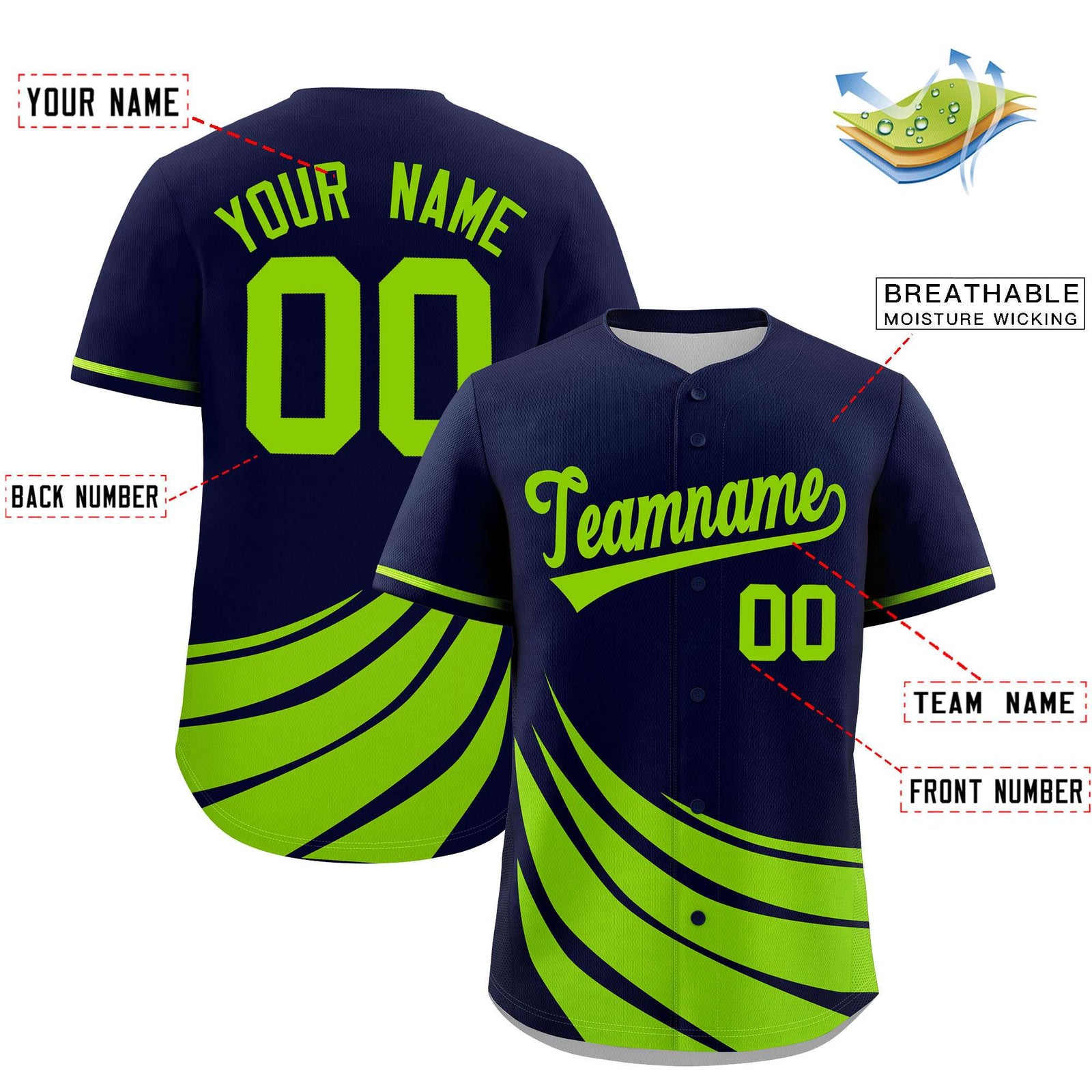 Custom Navy Neon Green Wind Mark Graffiti Pattern Authentic Baseball Jersey