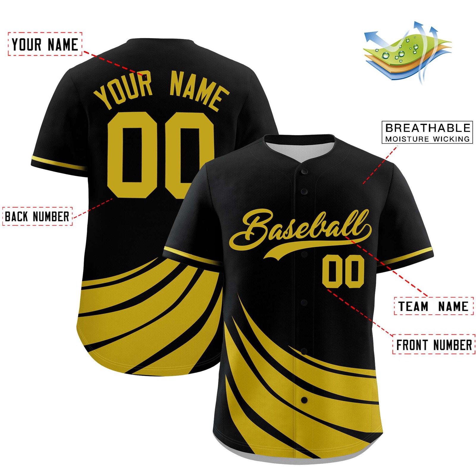 Custom Black Old Gold Wind Mark Graffiti Pattern Authentic Baseball Jersey