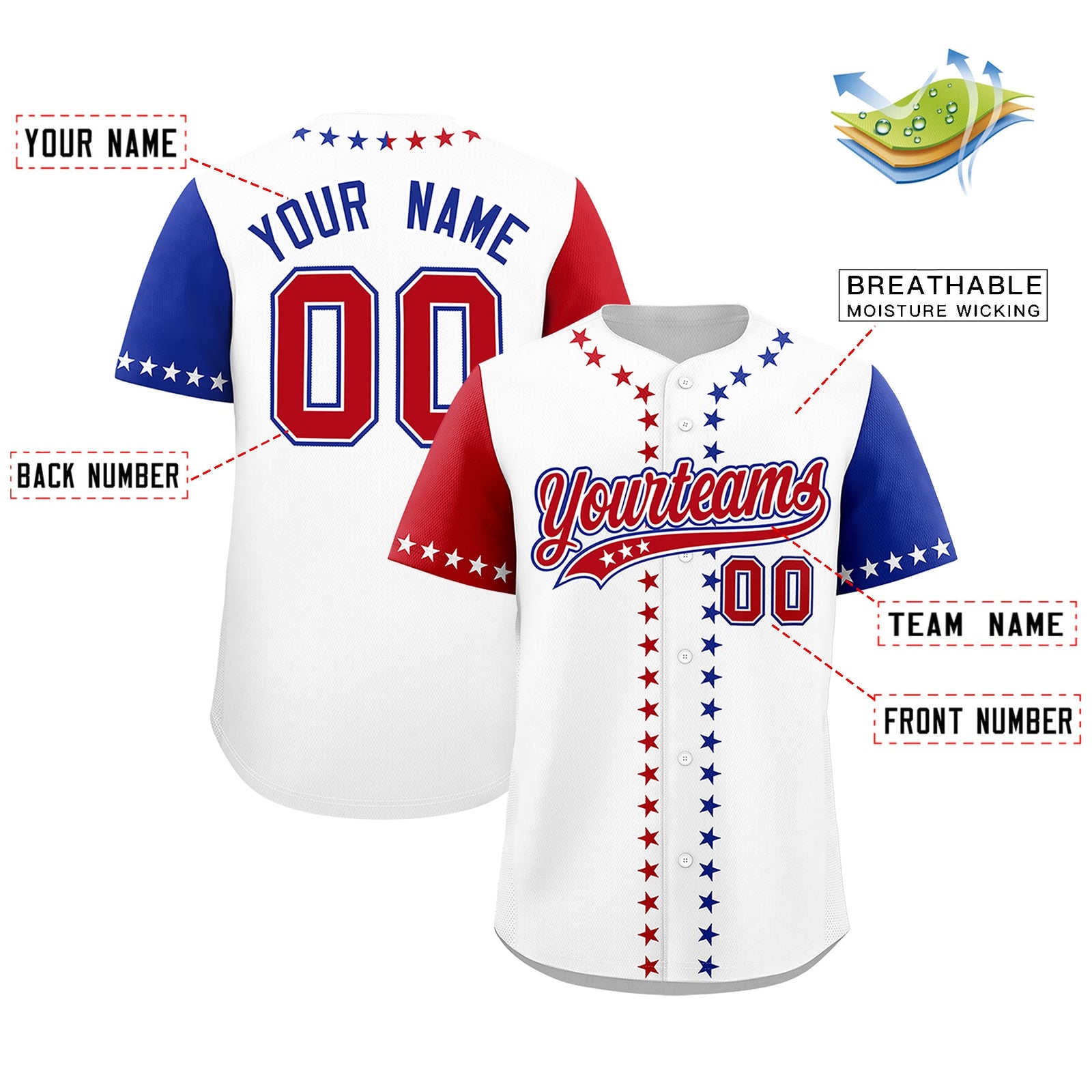 Custom White Red Royal Blue American Flag Graffiti Pattern Split Fashion Independence Day Stretch Fabric Baseball Jersey| KXKSHOP