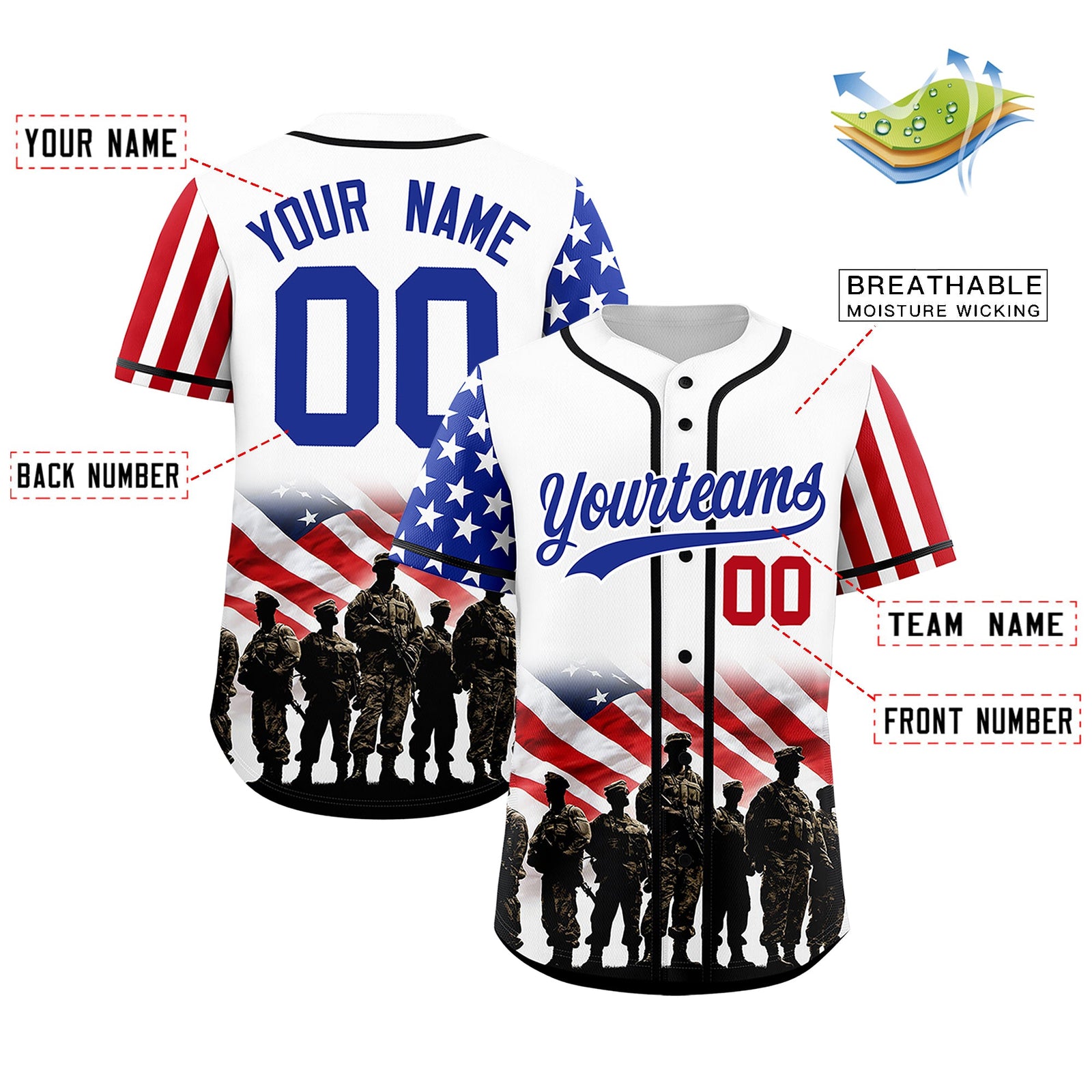 Custom White Royal Blue Red American Flag Graffiti Pattern Split Fashion Independence Day Quick Dry Baseball Jersey| KXKSHOP