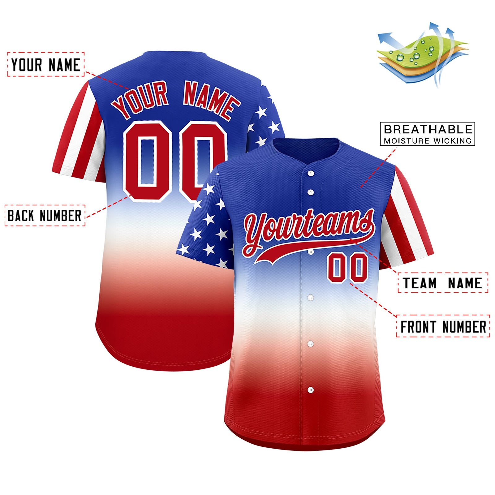 Custom Red White Royal Blue American Flag Graffiti Pattern Split Fashion Independence Day Stretch Fabric Baseball Jersey| KXKSHOP