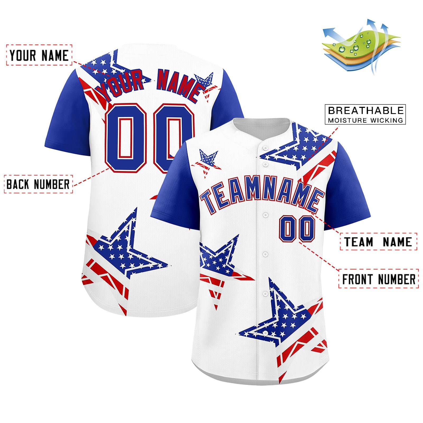 Custom White Royal Blue Red American Flag Graffiti Pattern Split Fashion Independence Day Quick Dry Baseball Jersey| KXKSHOP