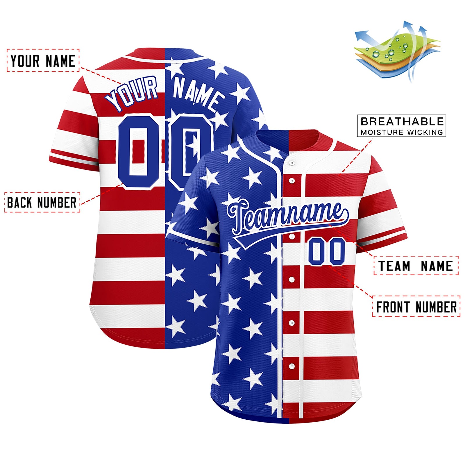 Custom Royal Blue Red White American Flag Graffiti Pattern Split Fashion Independence Day Stretch Fabric Baseball Jersey| KXKSHOP