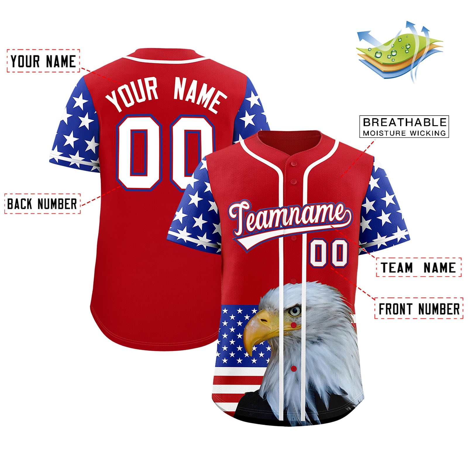 Custom Red Royal Blue White American Flag Graffiti Pattern Split Fashion Independence Day Quick Dry Baseball Jersey| KXKSHOP