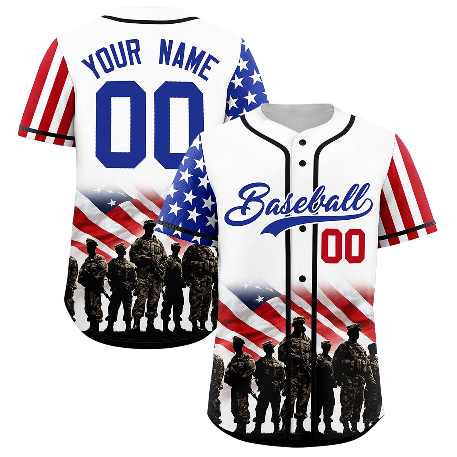 Custom White Royal Blue Red American Flag Graffiti Pattern Split Fashion Independence Day Quick Dry Baseball Jersey| KXKSHOP