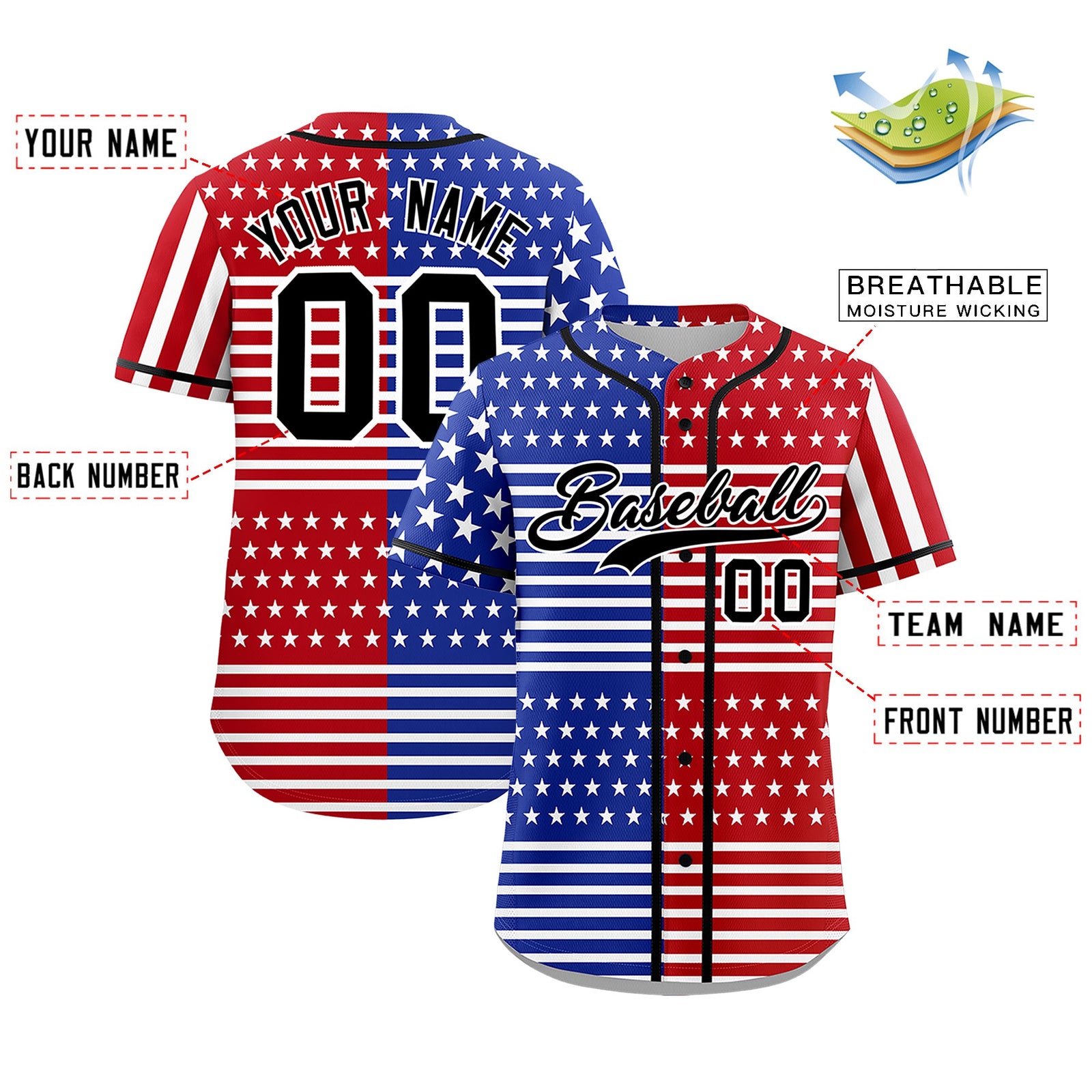 Custom Royal Blue Red White American Flag Graffiti Pattern Split Fashion Independence Day Stretch Fabric Baseball Jersey| KXKSHOP