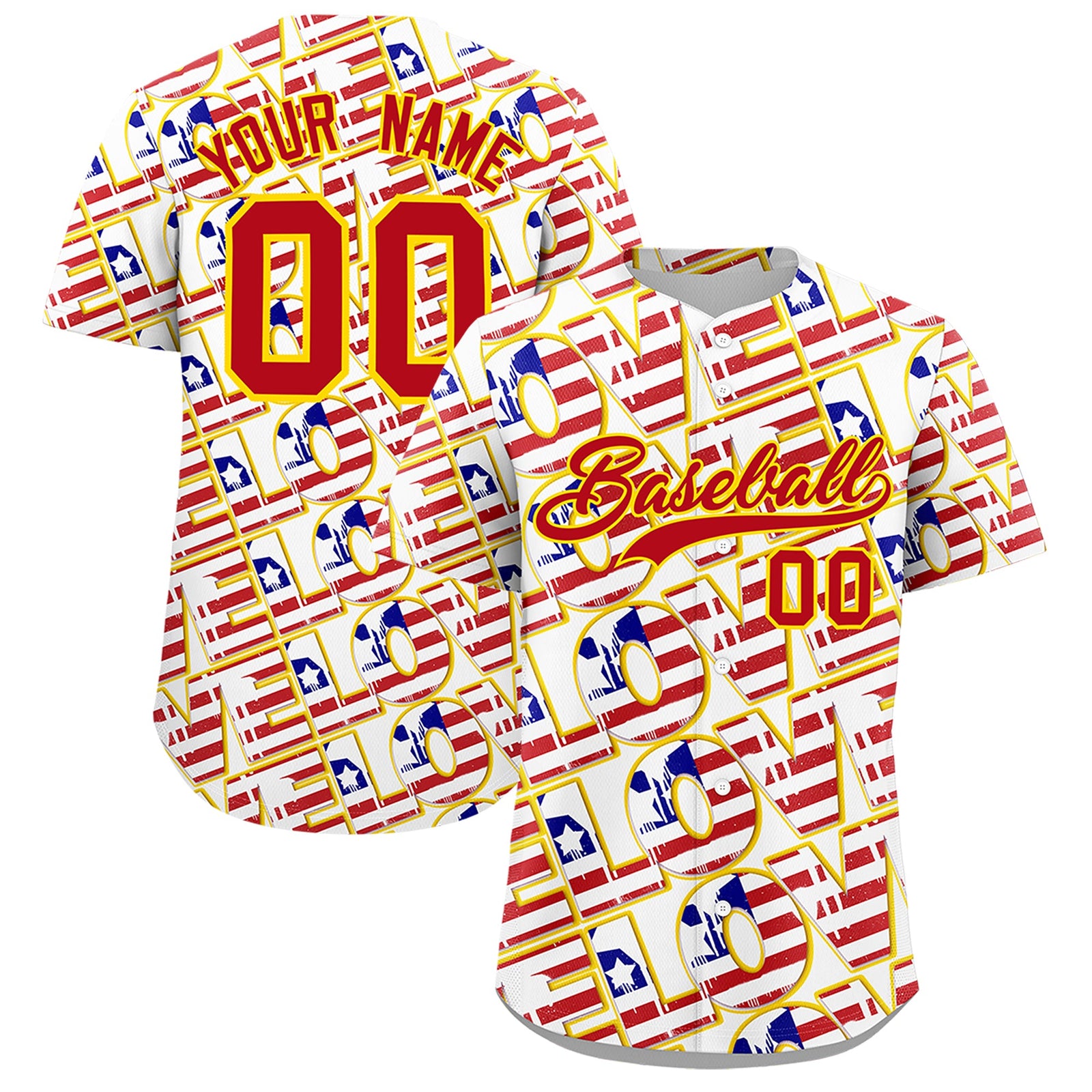 Custom White Red Gold American Flag Graffiti Pattern Split Fashion Independence Day Quick Dry Baseball Jersey| KXKSHOP
