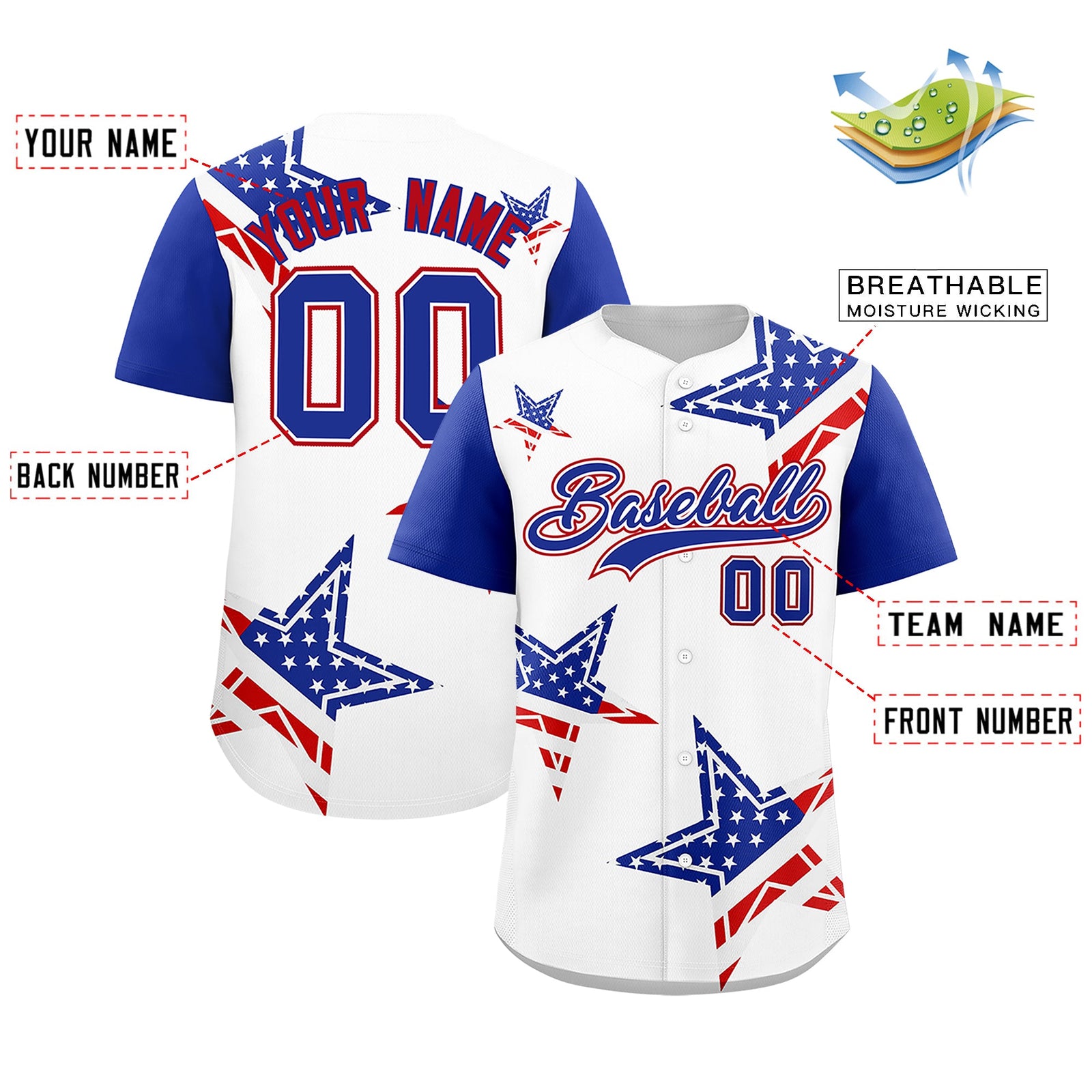 Custom White Royal Blue Red American Flag Graffiti Pattern Split Fashion Independence Day Quick Dry Baseball Jersey| KXKSHOP