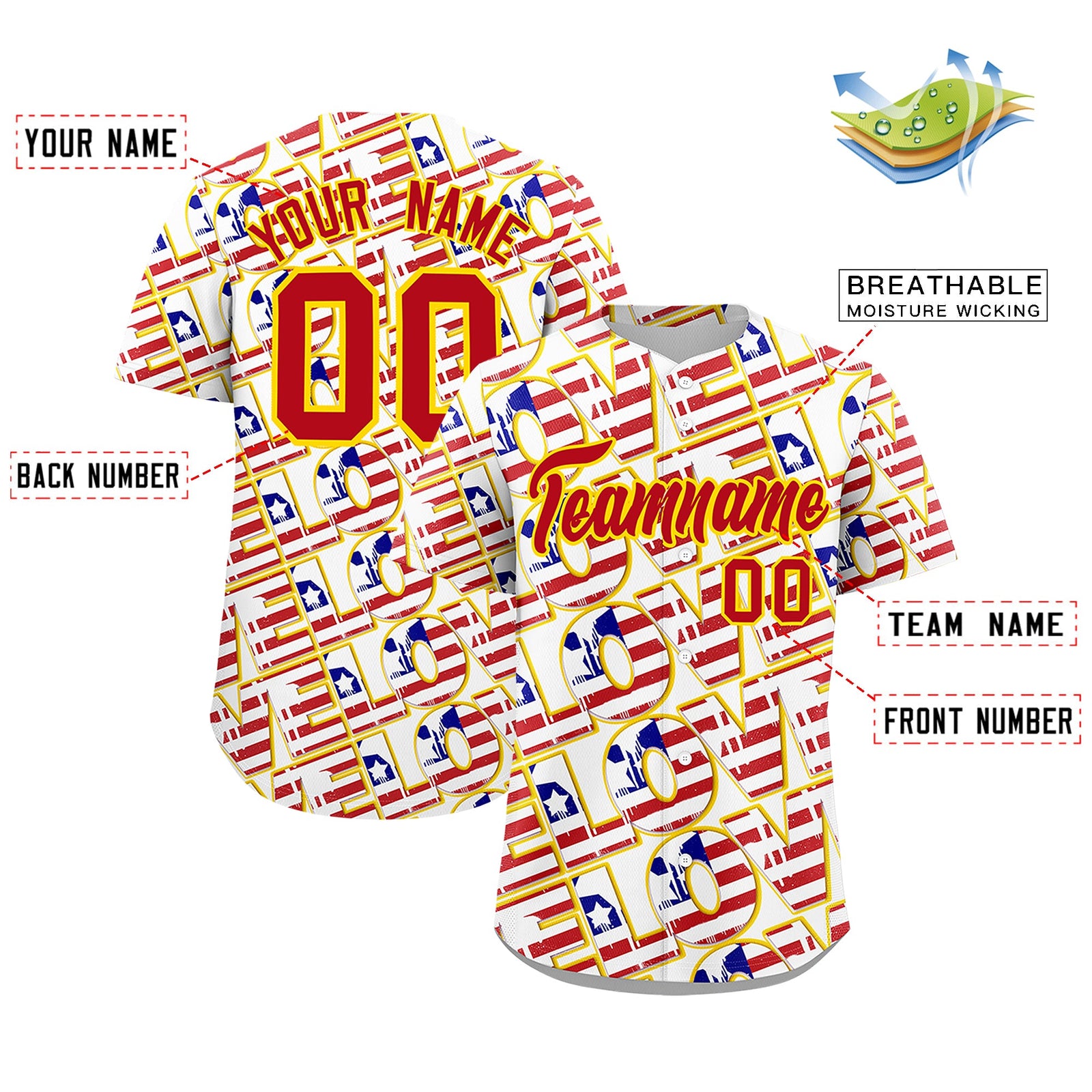 Custom White Red Gold American Flag Graffiti Pattern Split Fashion Independence Day Quick Dry Baseball Jersey| KXKSHOP