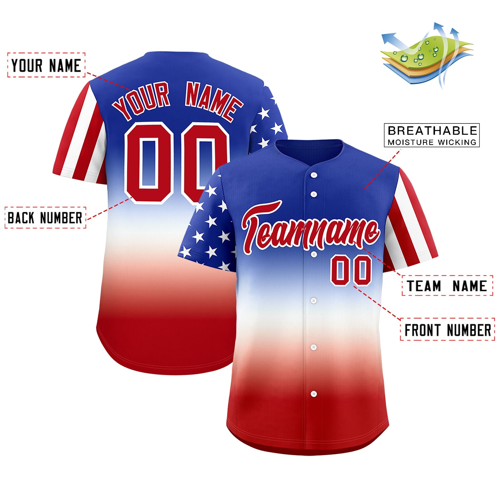 Custom Red White Royal Blue American Flag Graffiti Pattern Split Fashion Independence Day Stretch Fabric Baseball Jersey| KXKSHOP
