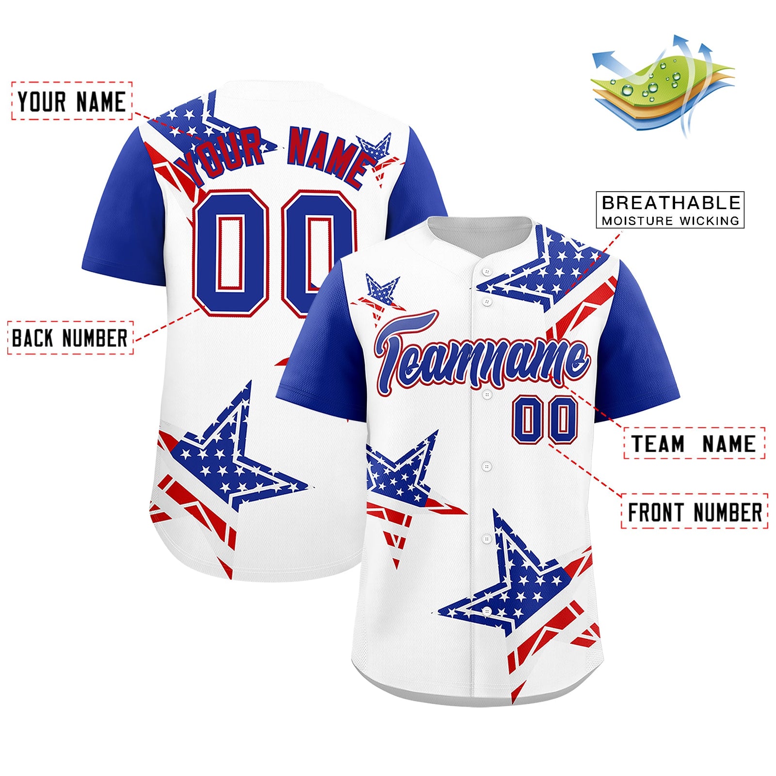 Custom White Royal Blue Red American Flag Graffiti Pattern Split Fashion Independence Day Quick Dry Baseball Jersey| KXKSHOP
