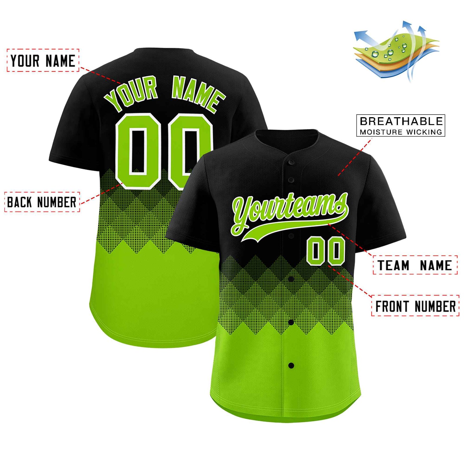 Custom Black Neon Green Grid Blur Pattern Authentic Baseball Jersey