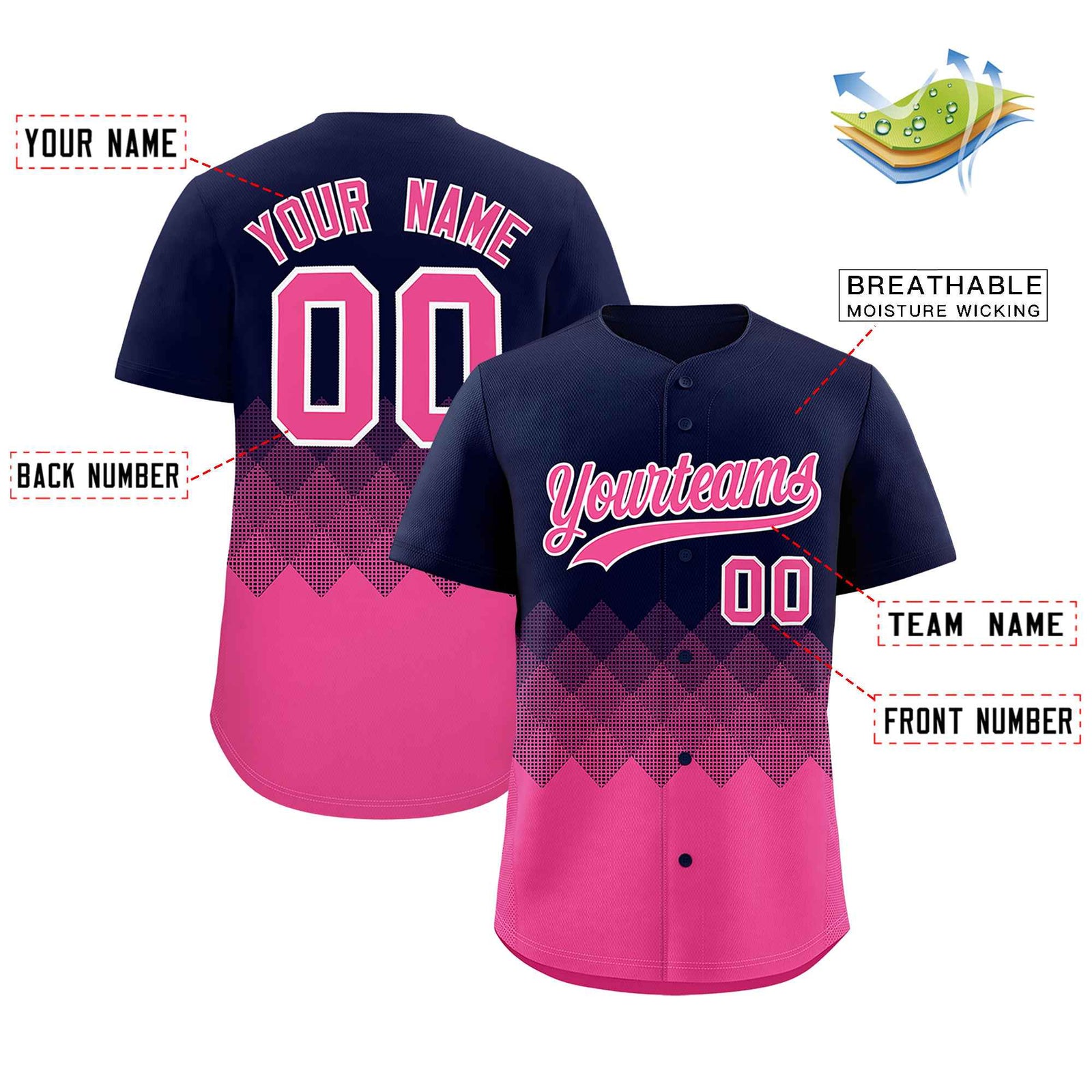 Custom Navy Pink Grid Blur Pattern Authentic Baseball Jersey