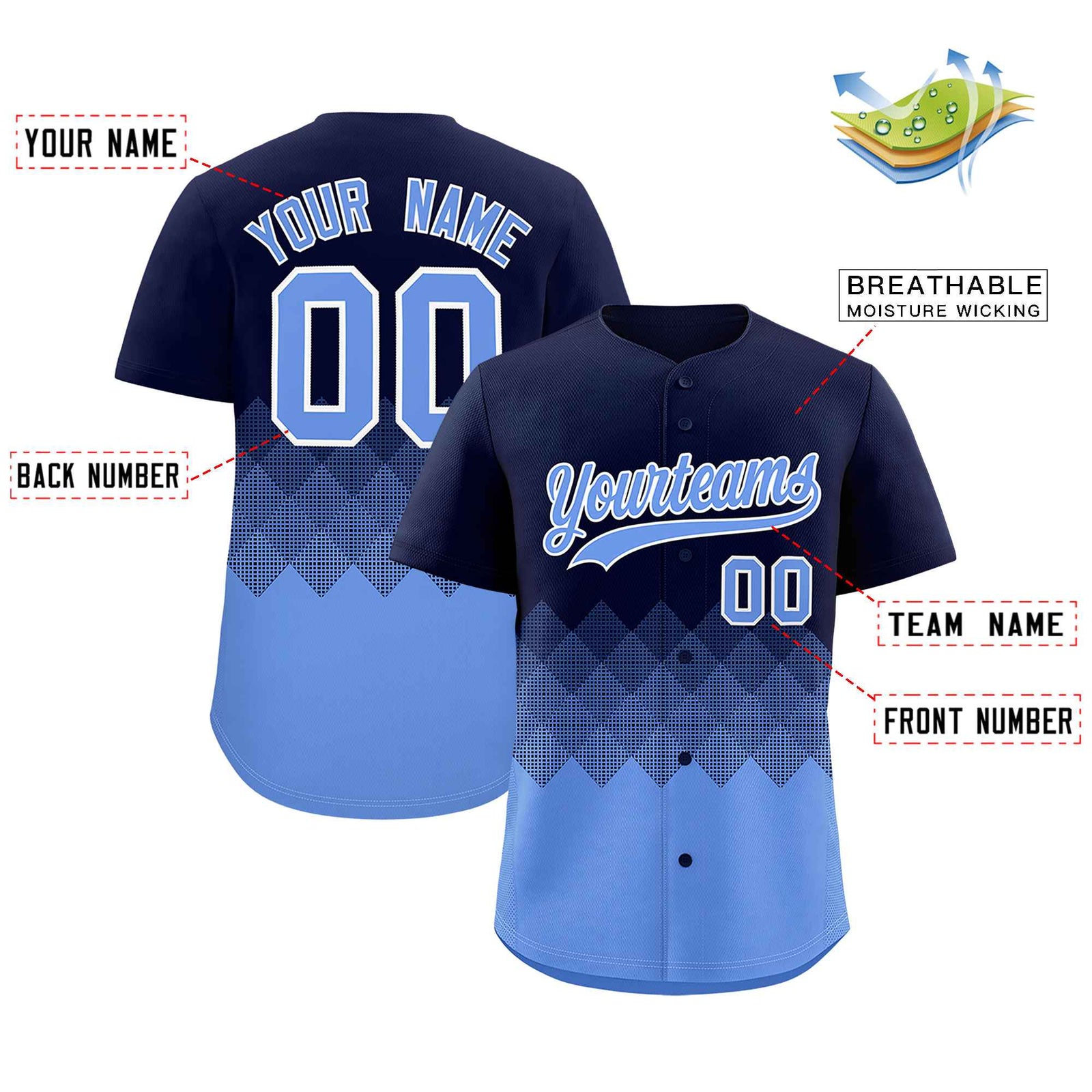 Custom Navy Powder Blue Grid Blur Pattern Authentic Baseball Jersey