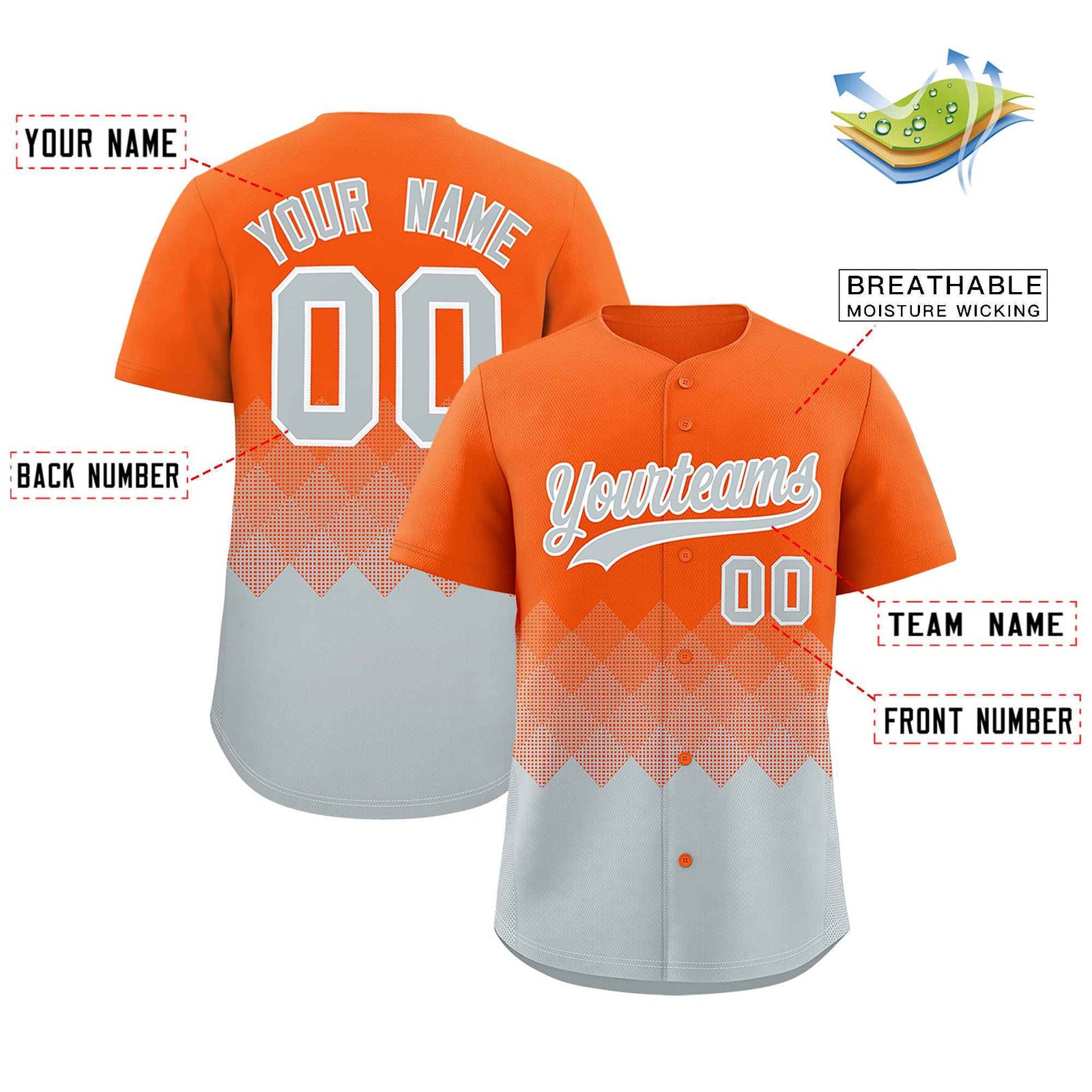 Custom Orange Silver Grid Blur Pattern Authentic Baseball Jersey