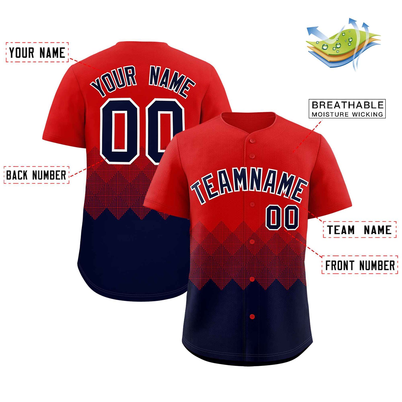 Custom Red Navy Grid Blur Pattern Authentic Baseball Jersey