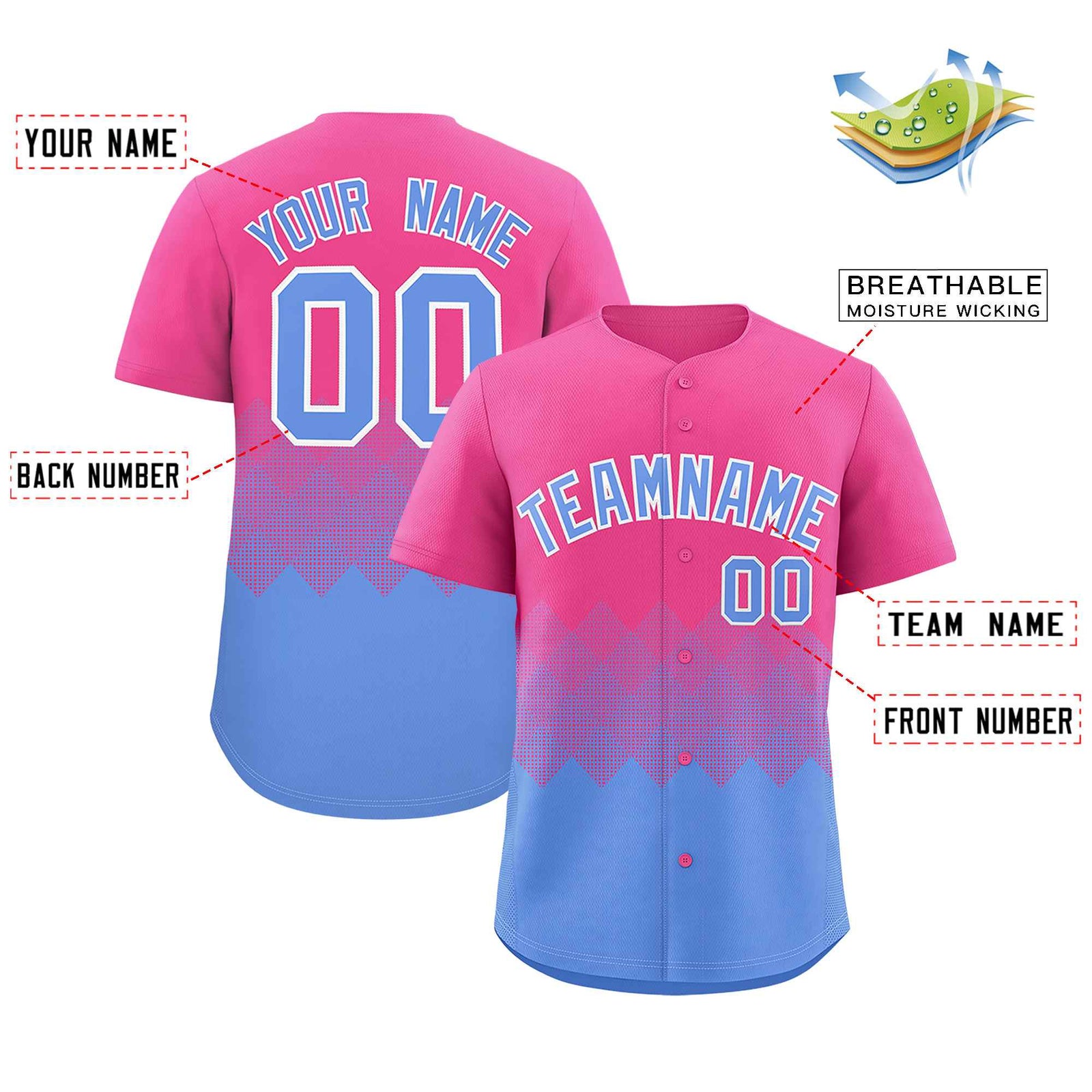 Custom Pink Light Blue Grid Blur Pattern Authentic Baseball Jersey