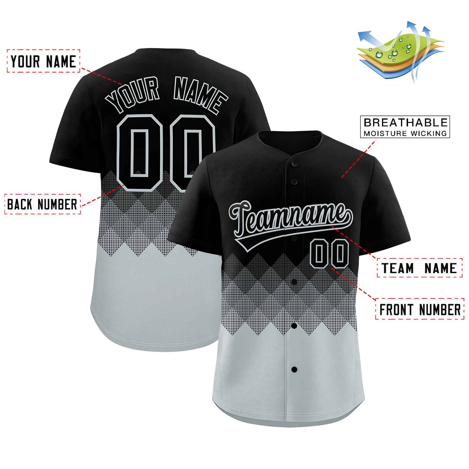 Custom Black Silver Grid Blur Pattern Authentic Baseball Jersey