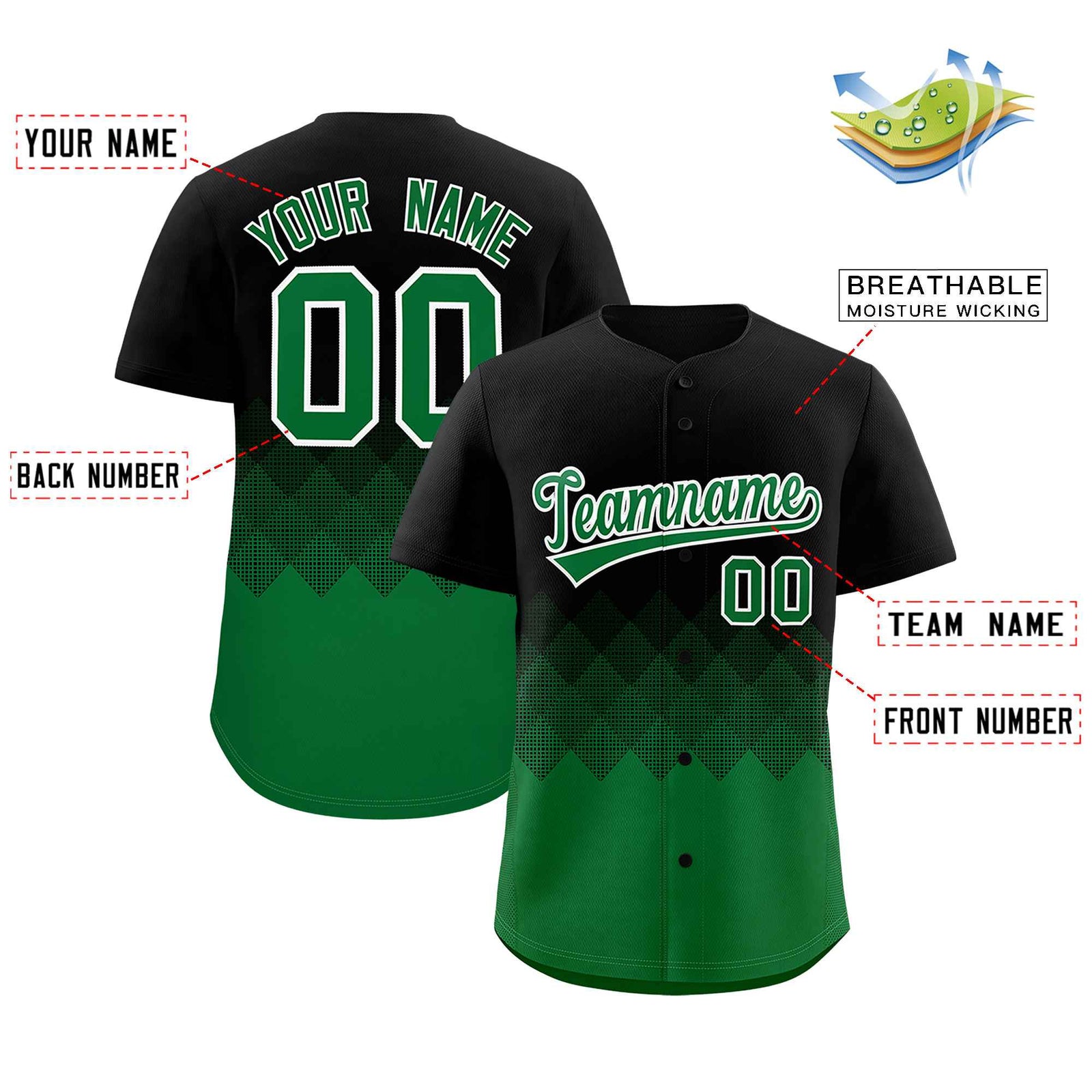 Custom Black Kelly Green Grid Blur Pattern Authentic Baseball Jersey