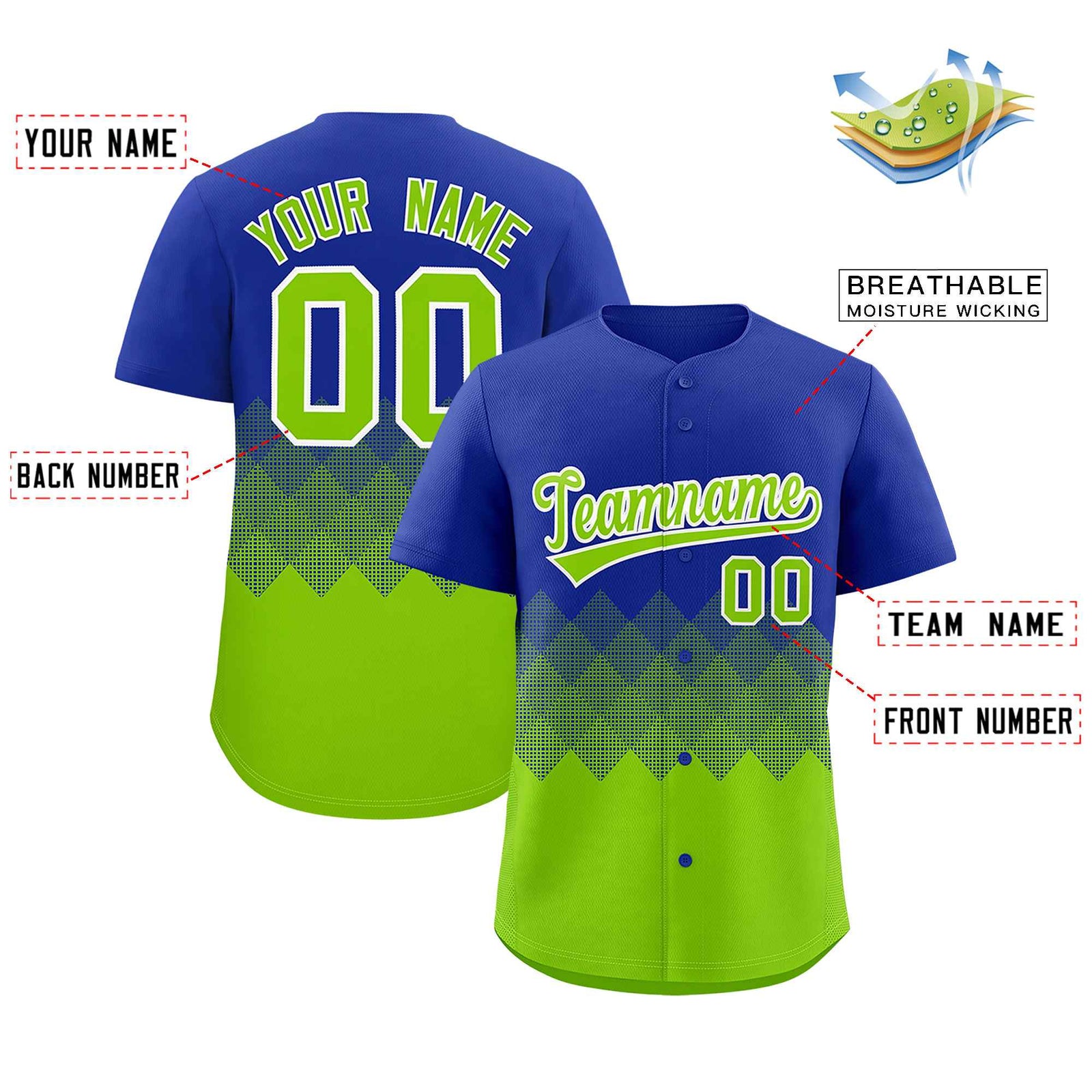 Custom Royal Neon Green Grid Blur Pattern Authentic Baseball Jersey